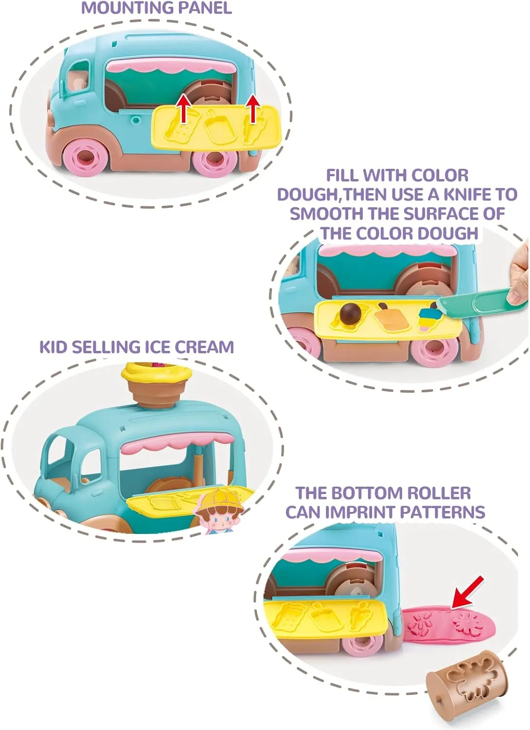 Kitchen Creations Ultimate Ice Cream Truck Toy Playset,Color Dough Sets for Kids Ages 4-8,26 Accessories, 6 Cans,2 oz,Preschool Toys for Girls & Boys