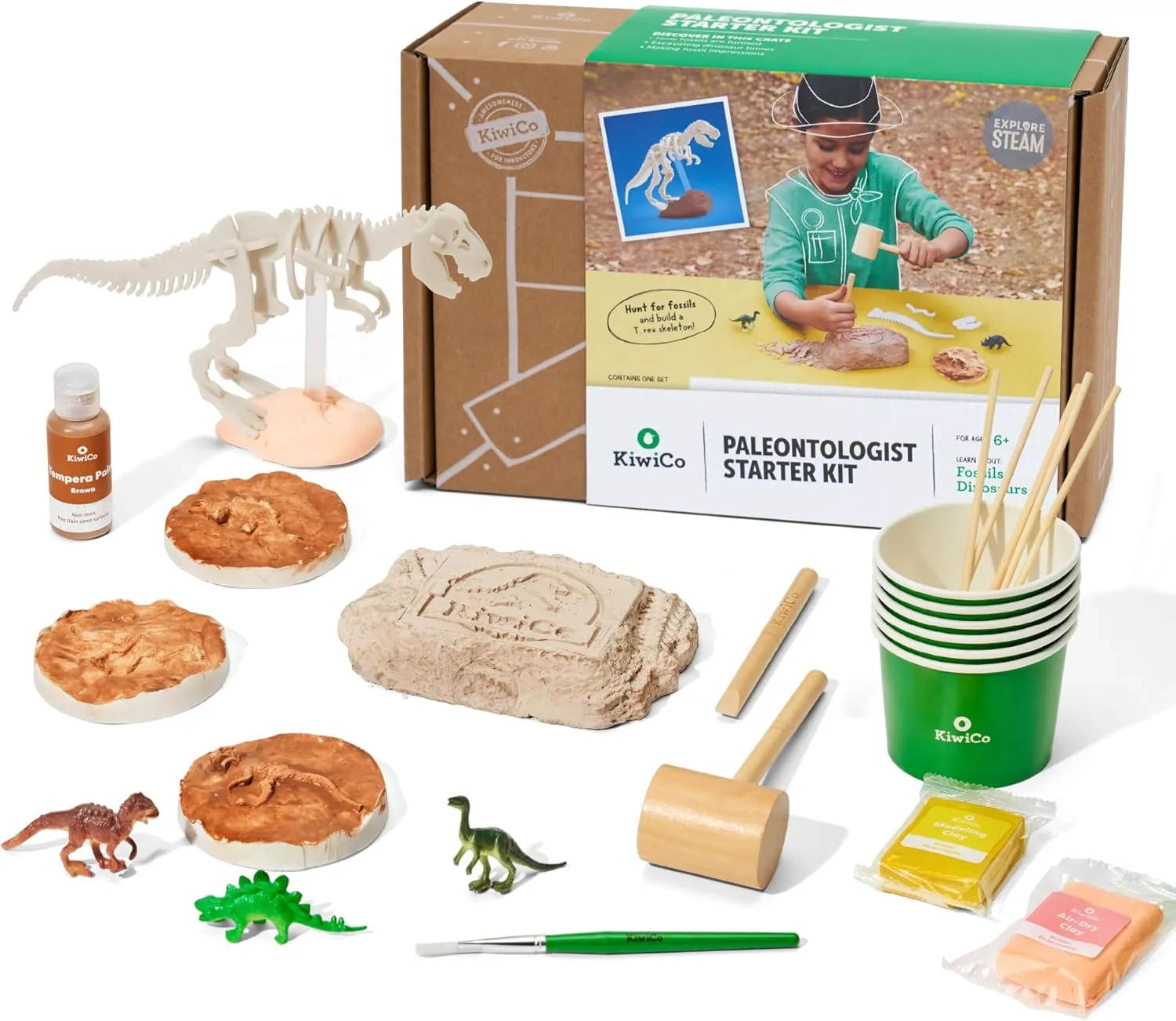 KiwiCo Dinosaur Fossil Dig Kit for Kids Age 6  | Excavate & Build Skeleton, Make Fossil Impressions | STEM Paleontology Science Kit with Dinosaur Facts Poster