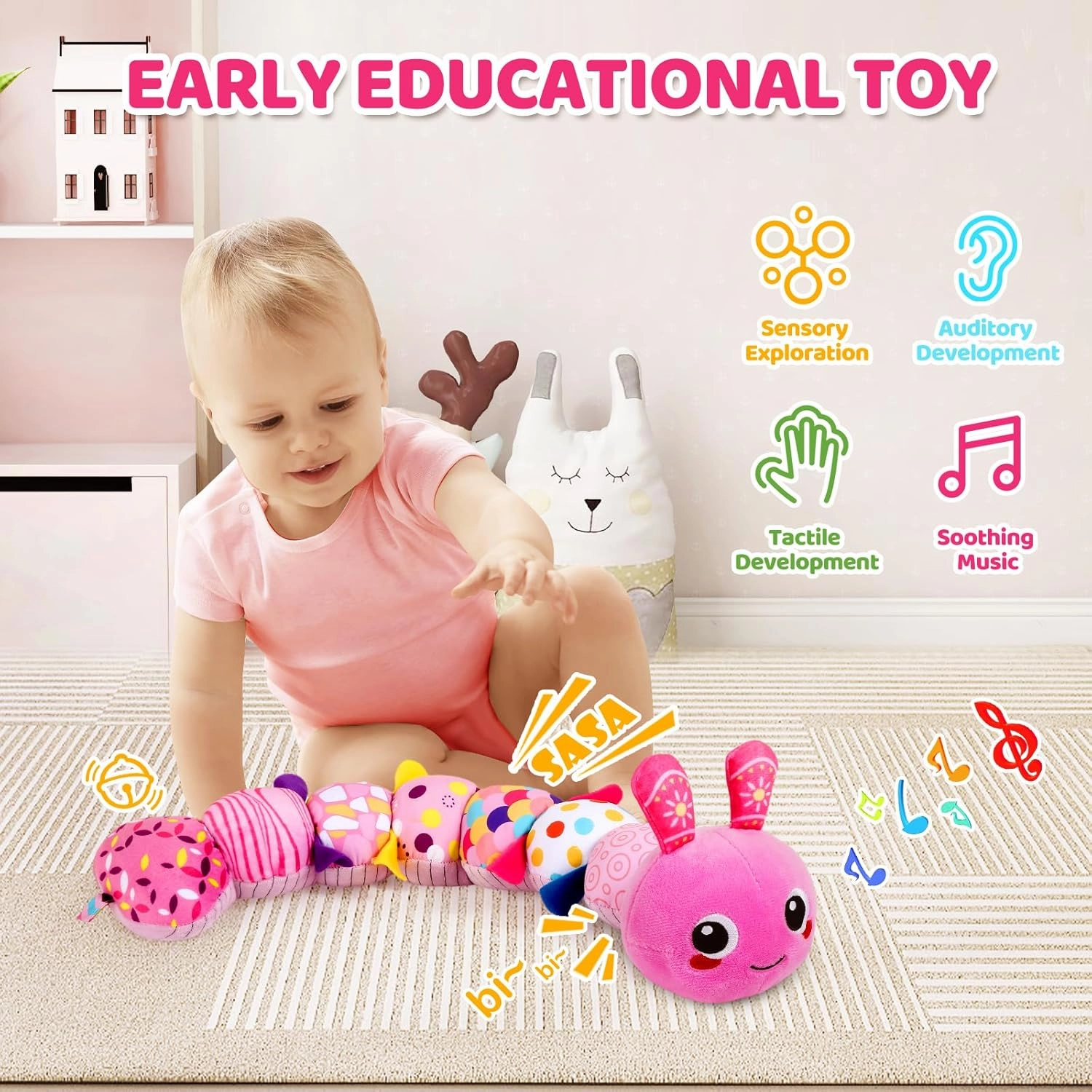 KMUYSL Baby Toys 0-6 6-12 Months, Sensory Music Animal Stuffed Toy for 0 1 2 3 4 5 6  Months, Plush Toy with Crinkle and Rattles for Infant Newborn, Tummy Time Toys Gifts for 0-3-6-12 Month