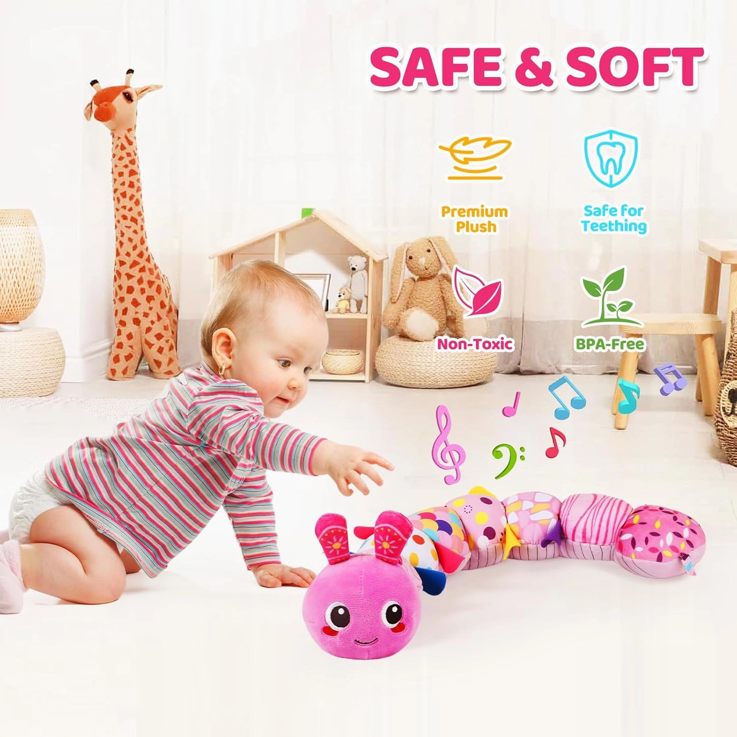 KMUYSL Baby Toys 0-6 6-12 Months, Sensory Music Animal Stuffed Toy for 0 1 2 3 4 5 6  Months, Plush Toy with Crinkle and Rattles for Infant Newborn, Tummy Time Toys Gifts for 0-3-6-12 Month