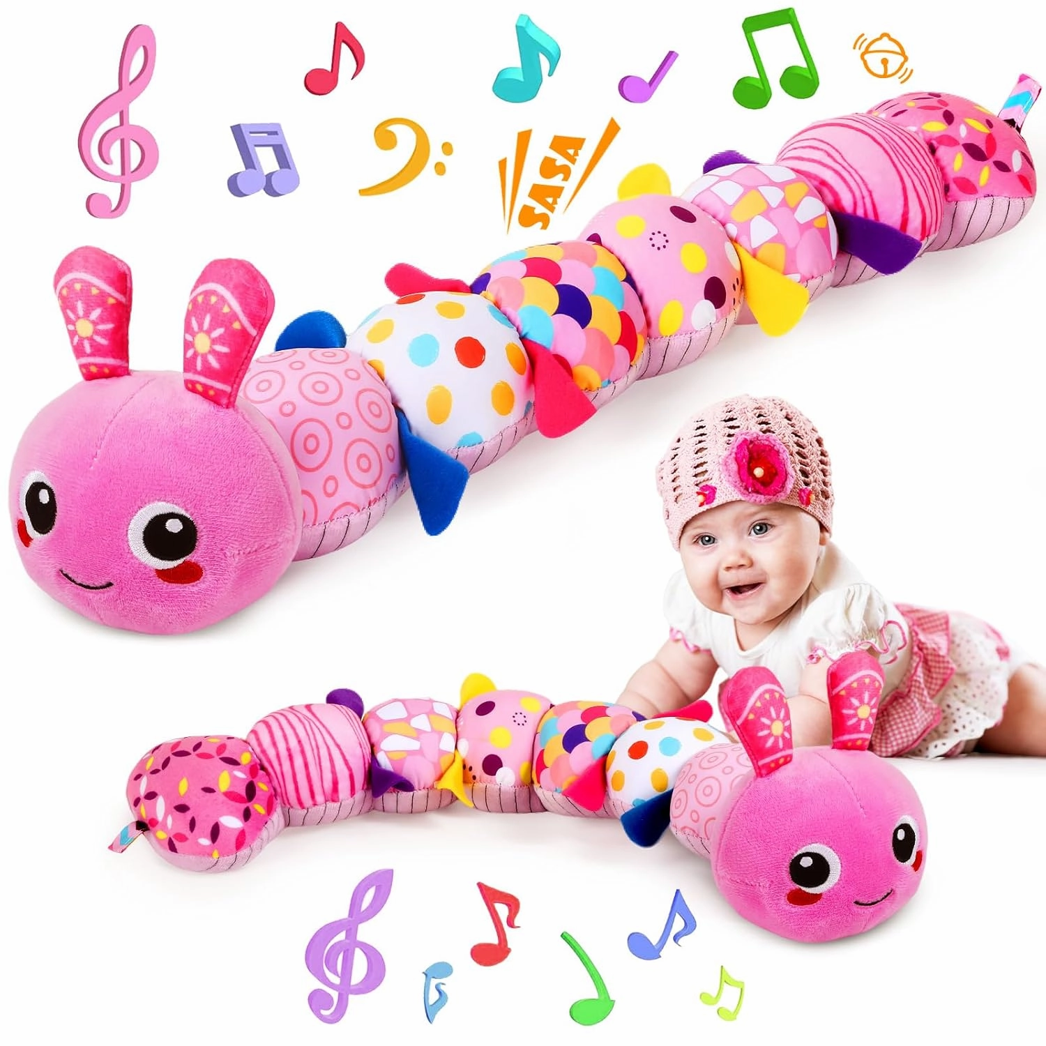 KMUYSL Baby Toys 0-6 6-12 Months, Sensory Music Animal Stuffed Toy for 0 1 2 3 4 5 6  Months, Plush Toy with Crinkle and Rattles for Infant Newborn, Tummy Time Toys Gifts for 0-3-6-12 Month