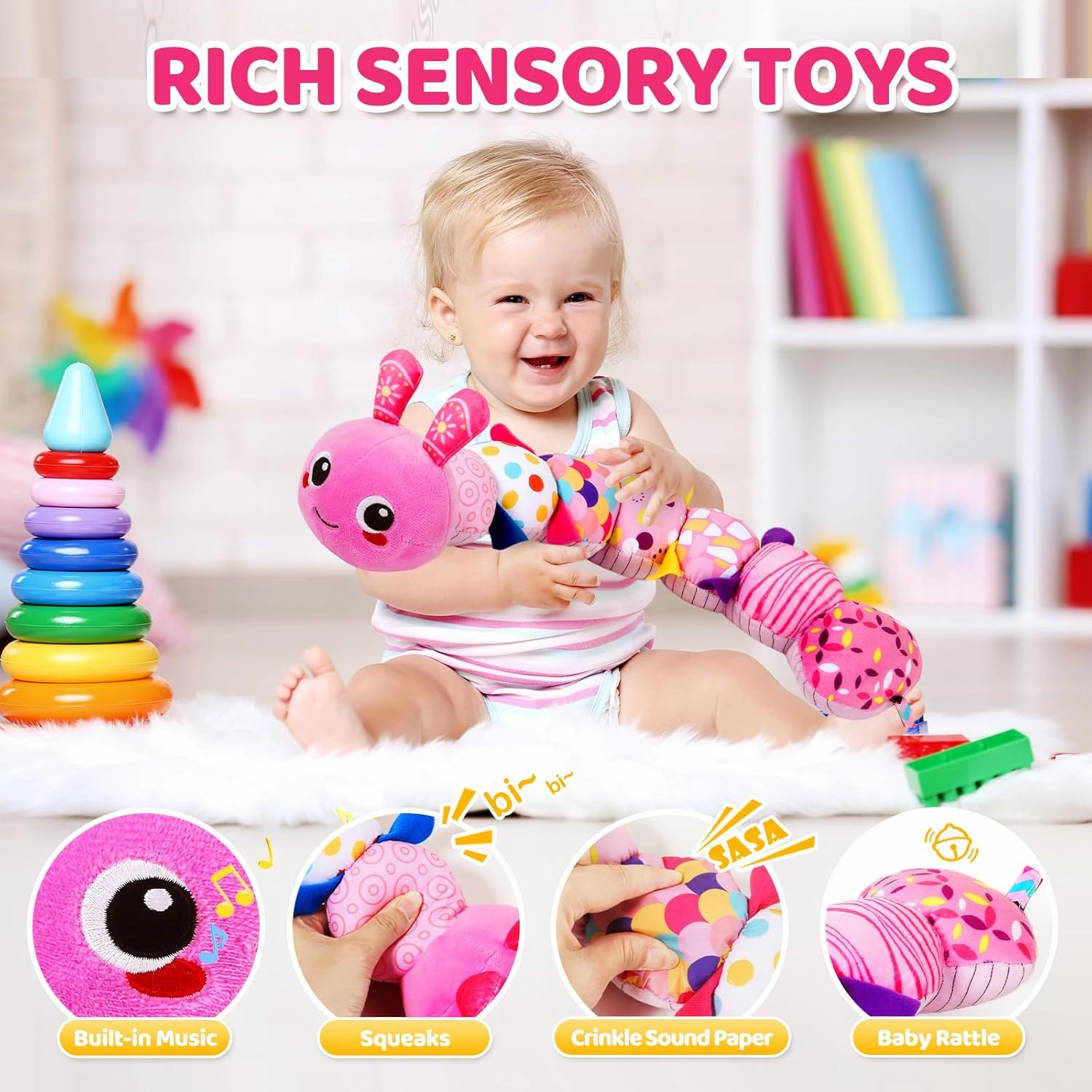 KMUYSL Baby Toys 0-6 6-12 Months, Sensory Music Animal Stuffed Toy for 0 1 2 3 4 5 6  Months, Plush Toy with Crinkle and Rattles for Infant Newborn, Tummy Time Toys Gifts for 0-3-6-12 Month