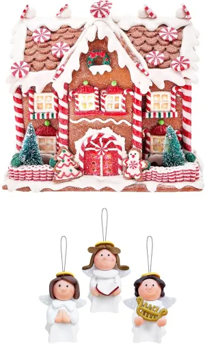 KPCB Handcrafted Gingerbread House Decorations with Lights 8.7" & Set of 3 Angel Ornaments for Christmas Tree, Holiday Home Decor for Christmas Trees, Garlands, Tabletop