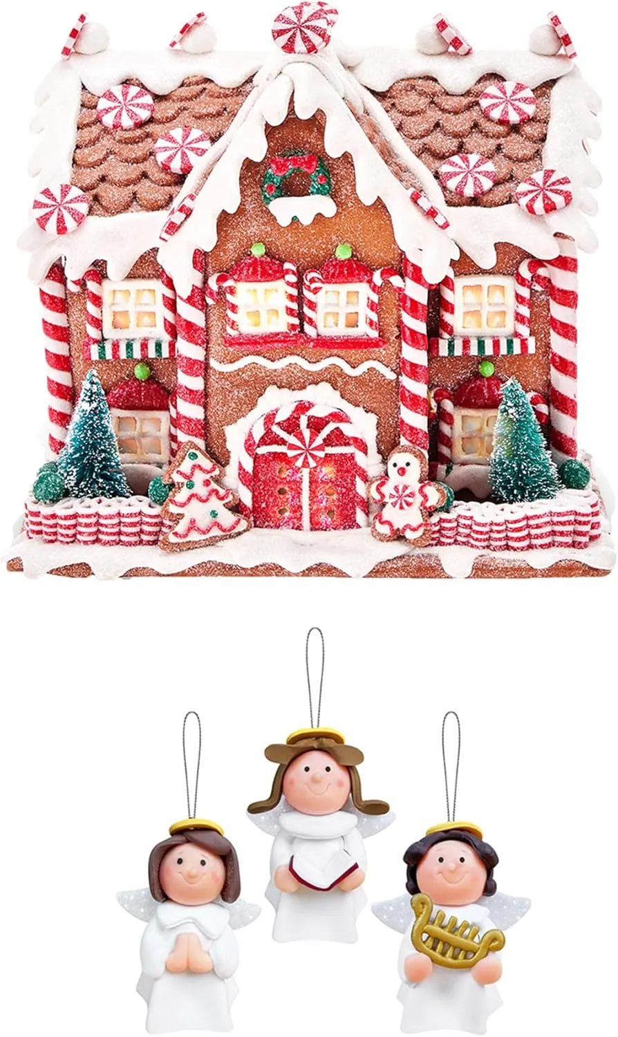 KPCB Handcrafted Gingerbread House Decorations with Lights 8.7" & Set of 3 Angel Ornaments for Christmas Tree, Holiday Home Decor for Christmas Trees, Garlands, Tabletop