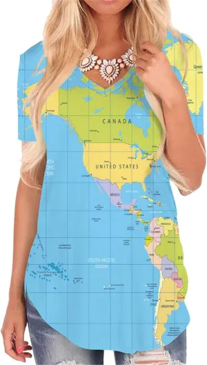 KYKU World Map Clothing Women V Neck Globe Tee Shirt Geography Teacher Gift
