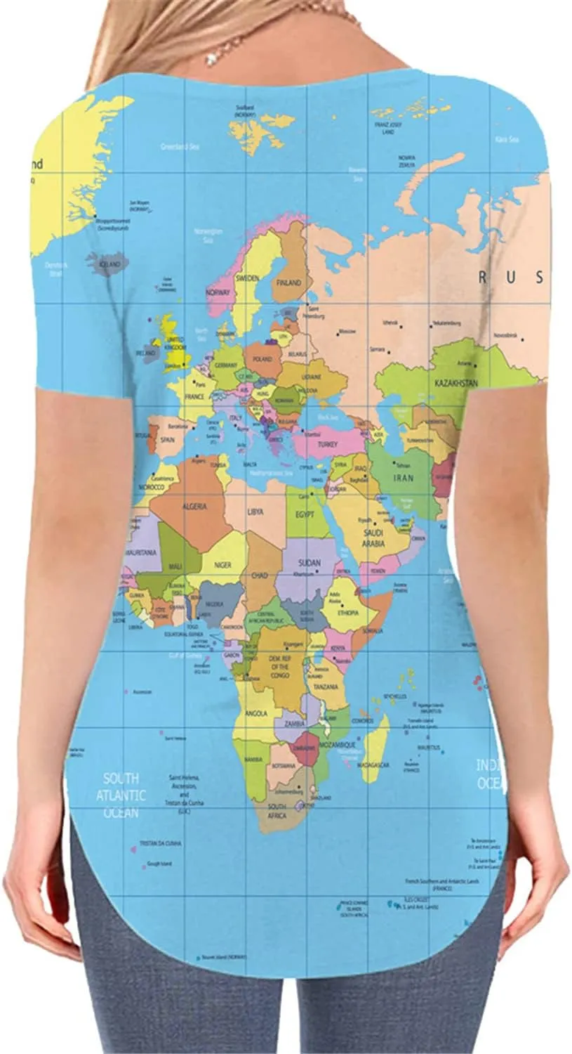 KYKU World Map Clothing Women V Neck Globe Tee Shirt Geography Teacher Gift