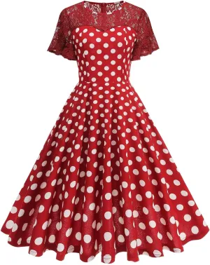 Lace Patchwork Retro Dress for Women Polka Dot 1950s Vintage Cocktail Party Prom Dresses Short Sleeve Swing Dresses