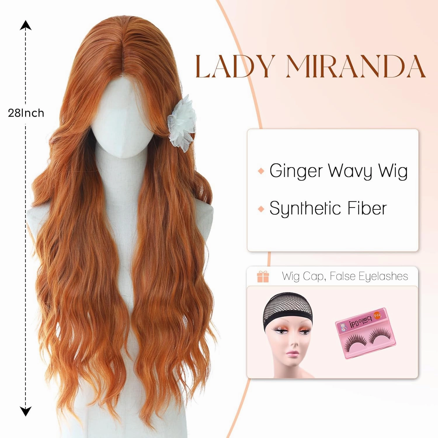Lady Miranda 28 Inch Long Ginger Wig Synthetic Fiber Auburn Color Long Wavy Wig Body Wave Wigs for Women Natural Middle Part Wigs For Daily Life (Ginger, 28 Inch)