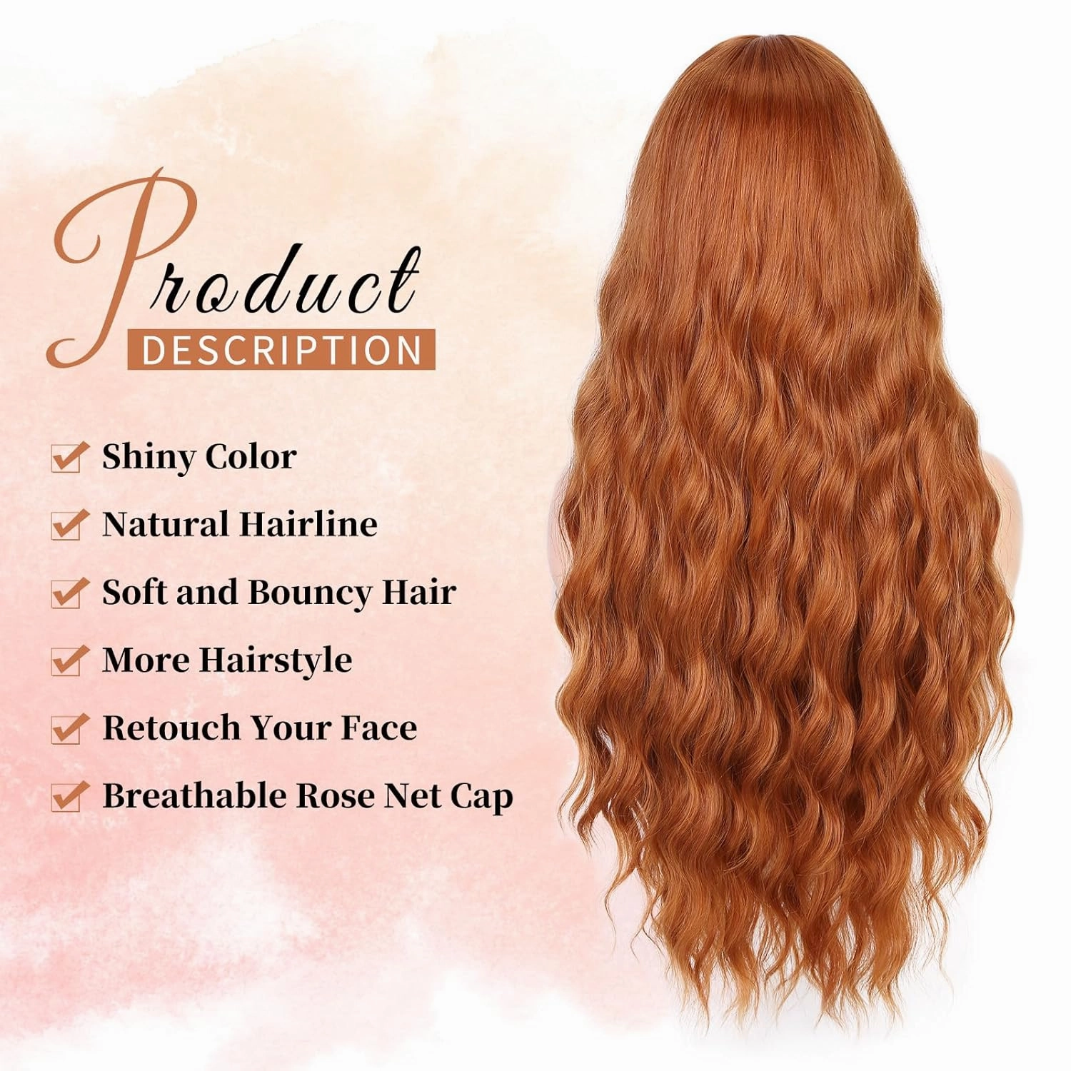 Lady Miranda 28 Inch Long Ginger Wig Synthetic Fiber Auburn Color Long Wavy Wig Body Wave Wigs for Women Natural Middle Part Wigs For Daily Life (Ginger, 28 Inch)