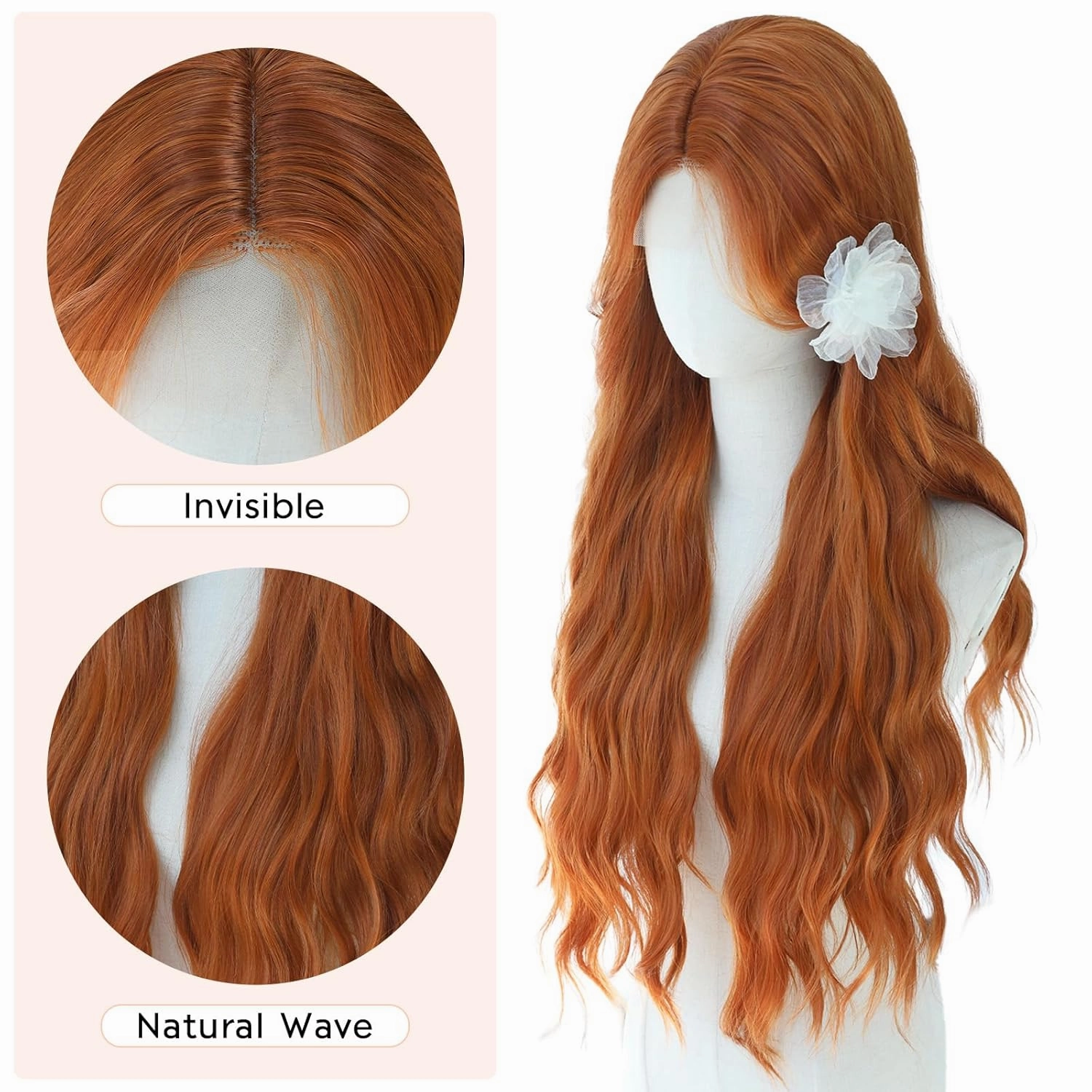 Lady Miranda 28 Inch Long Ginger Wig Synthetic Fiber Auburn Color Long Wavy Wig Body Wave Wigs for Women Natural Middle Part Wigs For Daily Life (Ginger, 28 Inch)