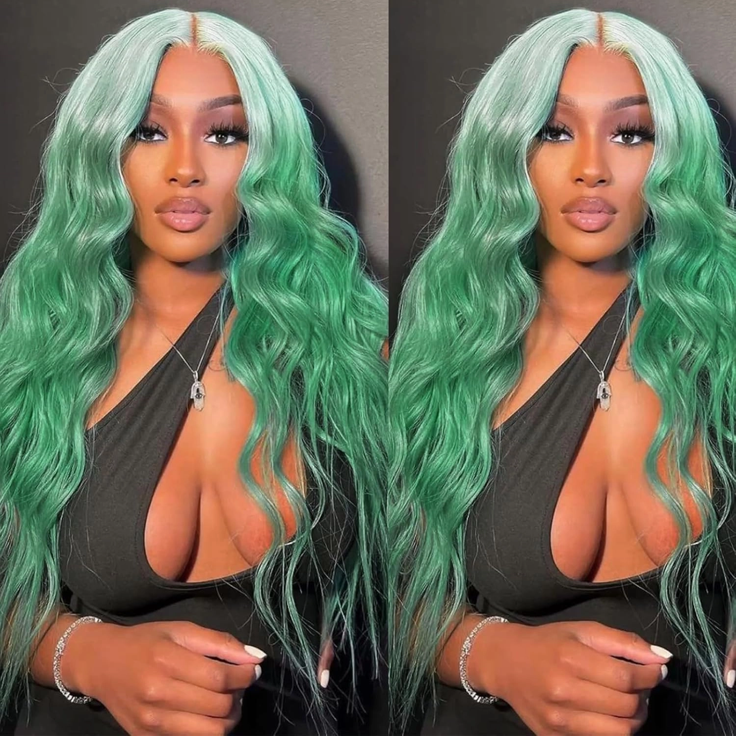 Lady Miranda 28 Inch Ombre Green Wig Long Wavy Wig Natural Middle Part Green Wigs For Women Synthetic Wigs For Party or Daily Use (Ombre Green, 28 Inch)