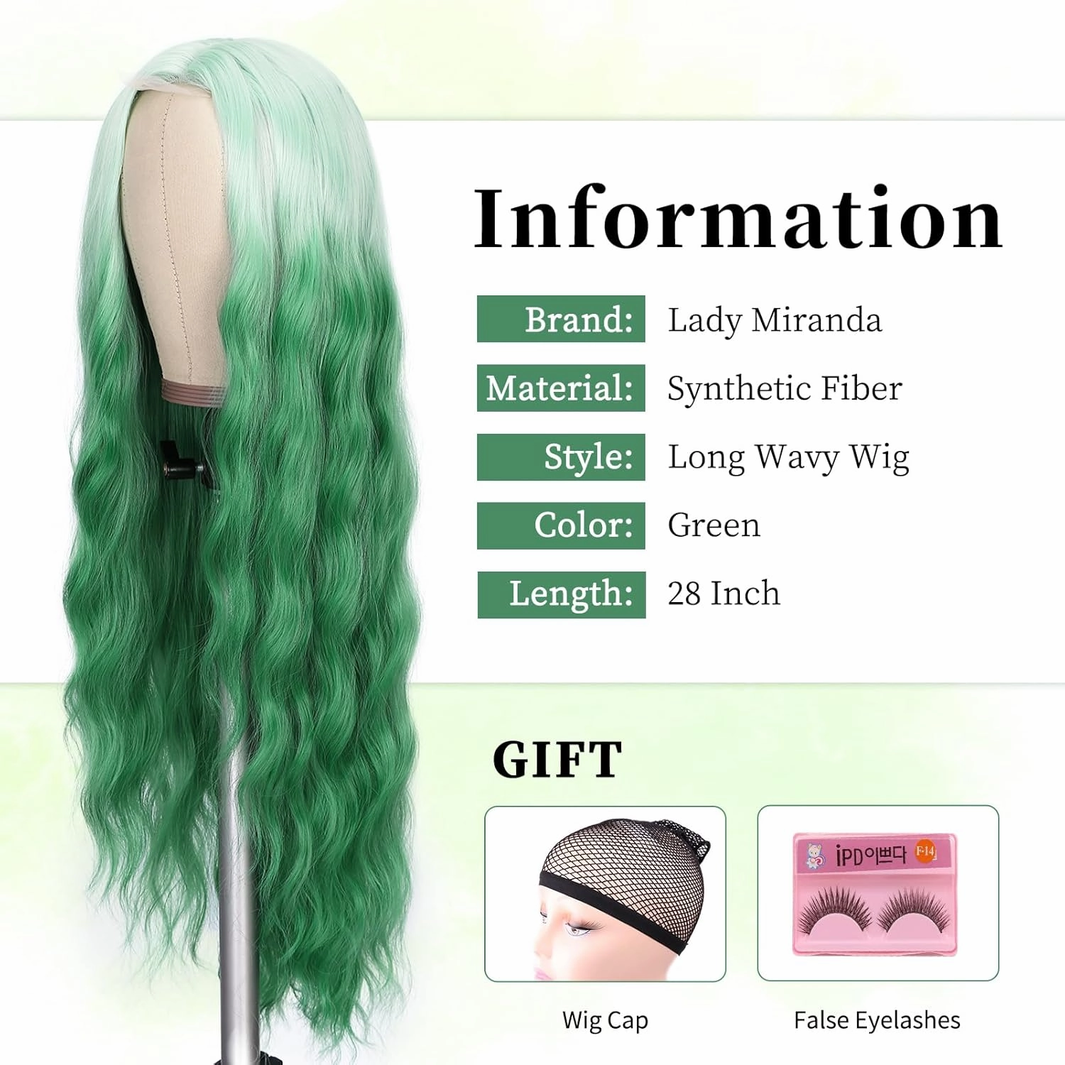 Lady Miranda 28 Inch Ombre Green Wig Long Wavy Wig Natural Middle Part Green Wigs For Women Synthetic Wigs For Party or Daily Use (Ombre Green, 28 Inch)