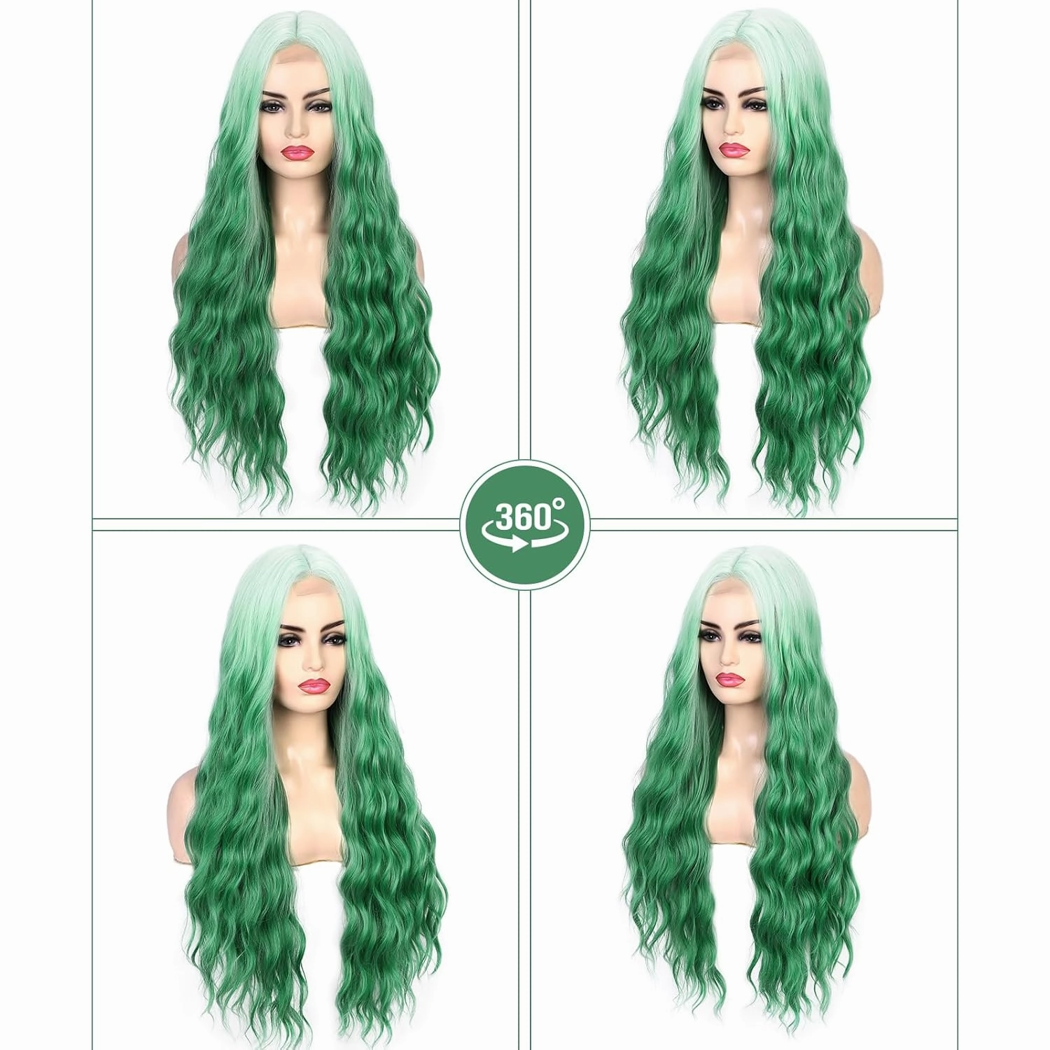 Lady Miranda 28 Inch Ombre Green Wig Long Wavy Wig Natural Middle Part Green Wigs For Women Synthetic Wigs For Party or Daily Use (Ombre Green, 28 Inch)