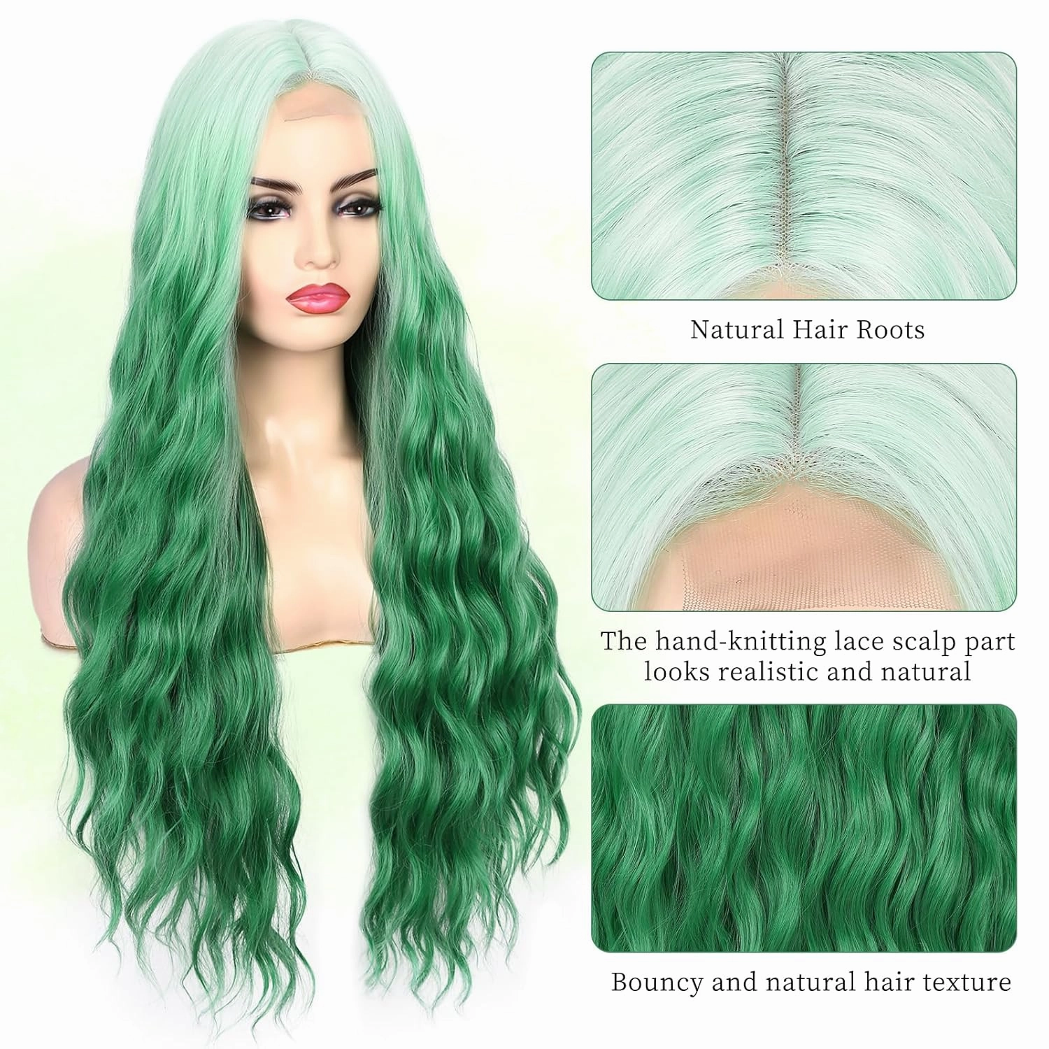 Lady Miranda 28 Inch Ombre Green Wig Long Wavy Wig Natural Middle Part Green Wigs For Women Synthetic Wigs For Party or Daily Use (Ombre Green, 28 Inch)