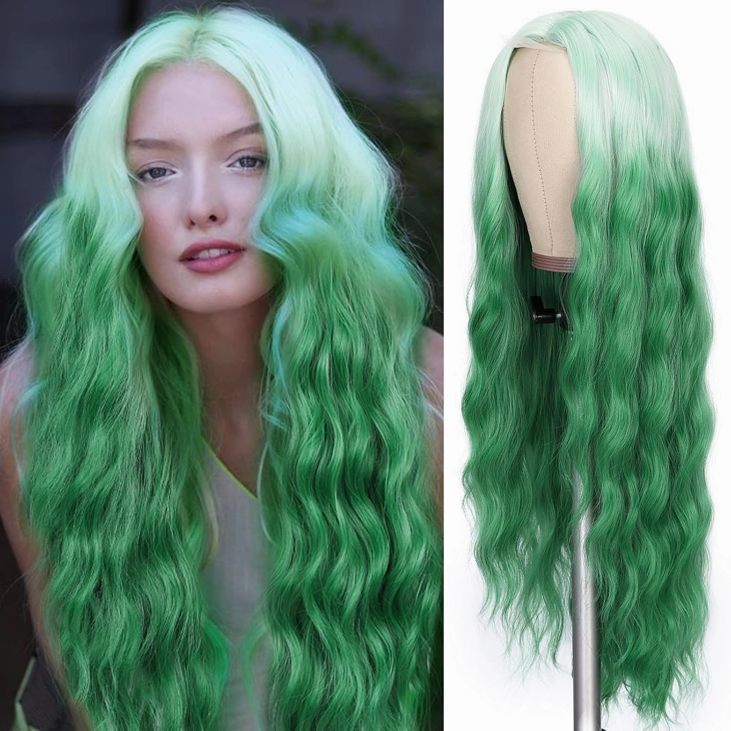 Lady Miranda 28 Inch Ombre Green Wig Long Wavy Wig Natural Middle Part Green Wigs For Women Synthetic Wigs For Party or Daily Use (Ombre Green, 28 Inch)