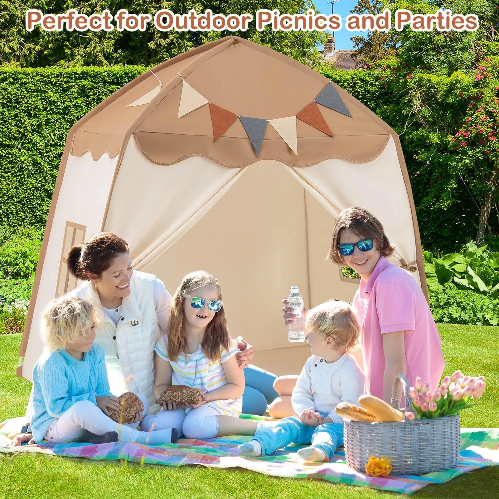 Large Kids Tent, Indoor Outdoor Dome Tent Playhouse w/Bright Lights, Flags, 2 Doors, 2 Windows, Machine Washable Teepee Tent for Toddlers
