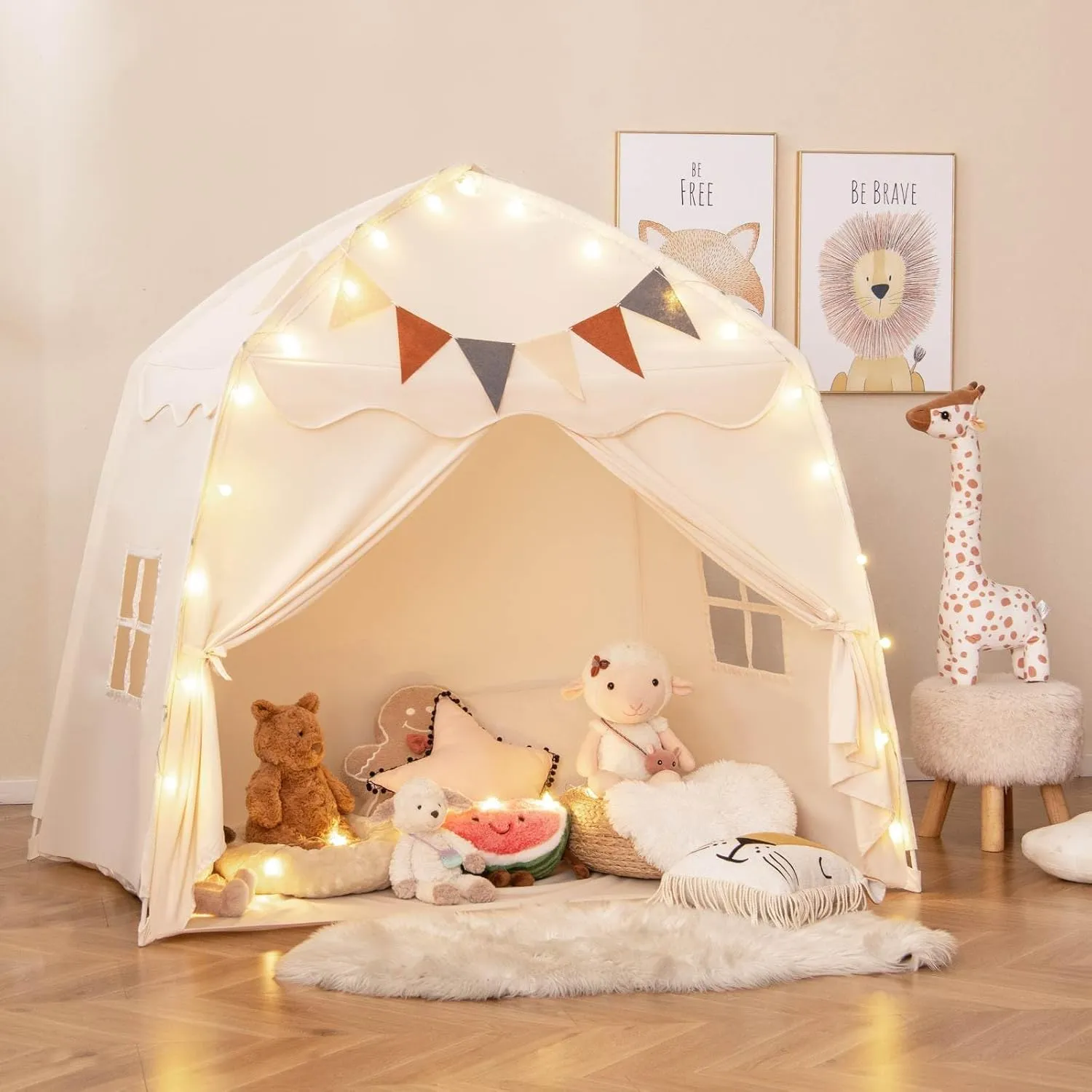 Large Kids Tent, Indoor Outdoor Dome Tent Playhouse w/Bright Lights, Flags, 2 Doors, 2 Windows, Machine Washable Teepee Tent for Toddlers