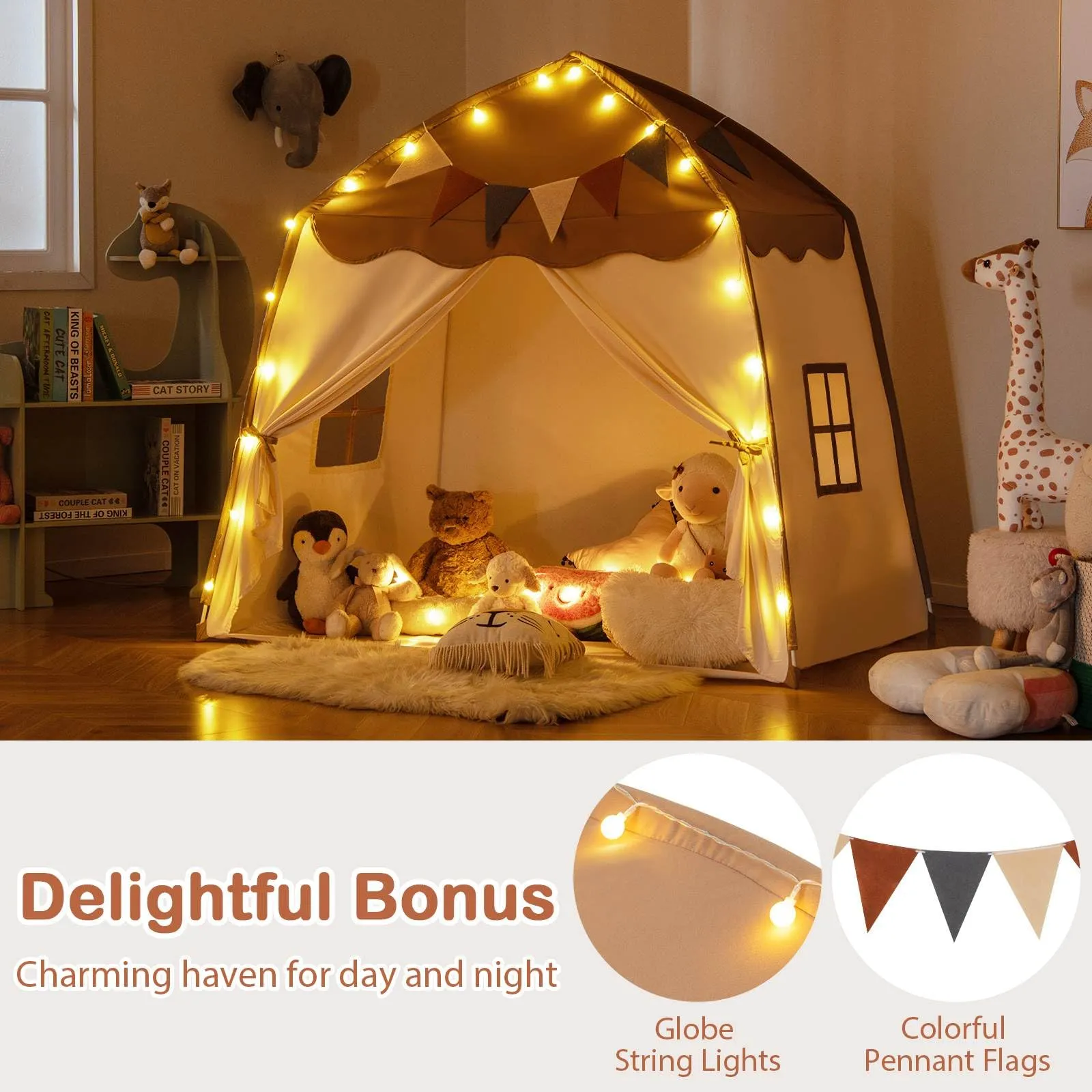 Large Kids Tent, Indoor Outdoor Dome Tent Playhouse w/Bright Lights, Flags, 2 Doors, 2 Windows, Machine Washable Teepee Tent for Toddlers