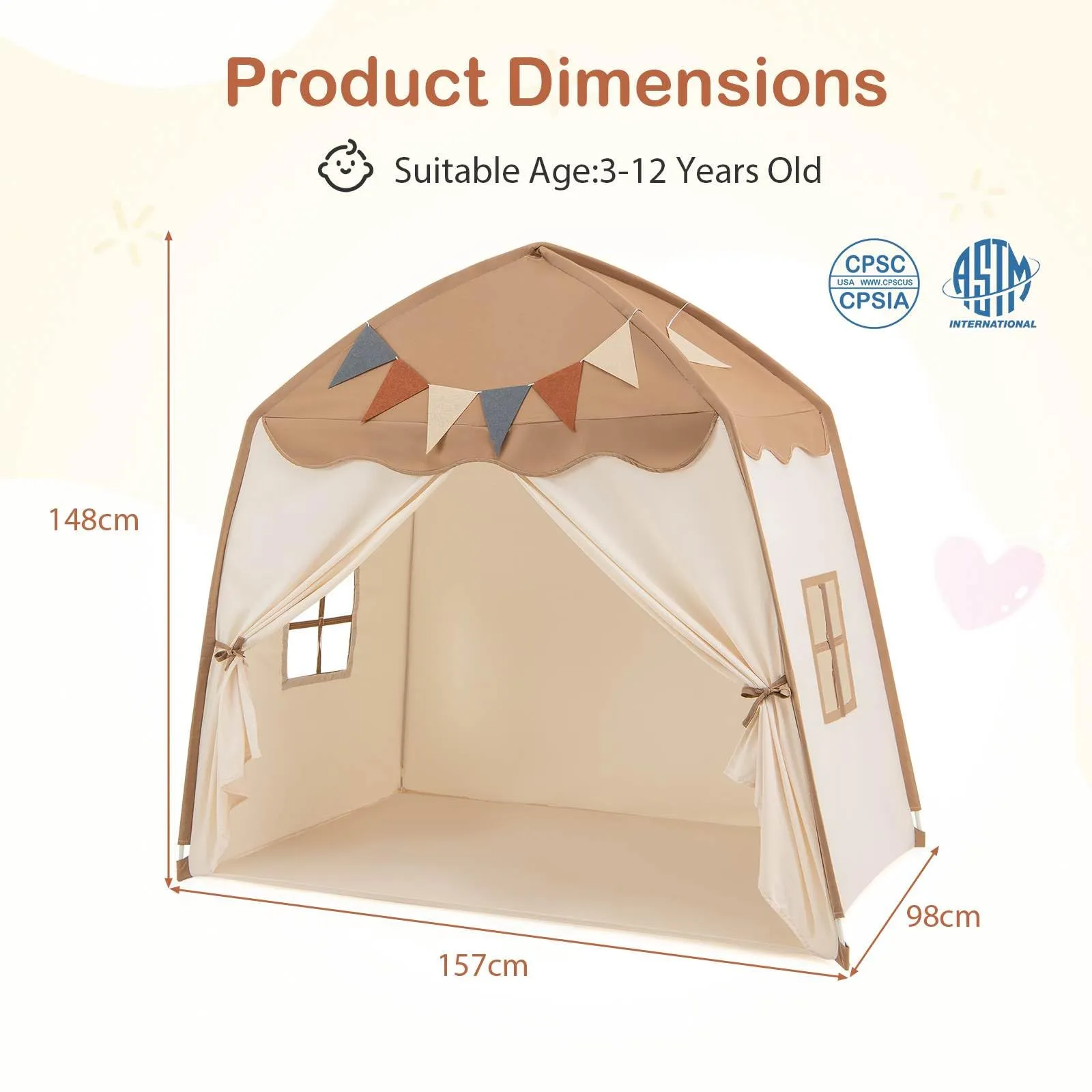 Large Kids Tent, Indoor Outdoor Dome Tent Playhouse w/Bright Lights, Flags, 2 Doors, 2 Windows, Machine Washable Teepee Tent for Toddlers