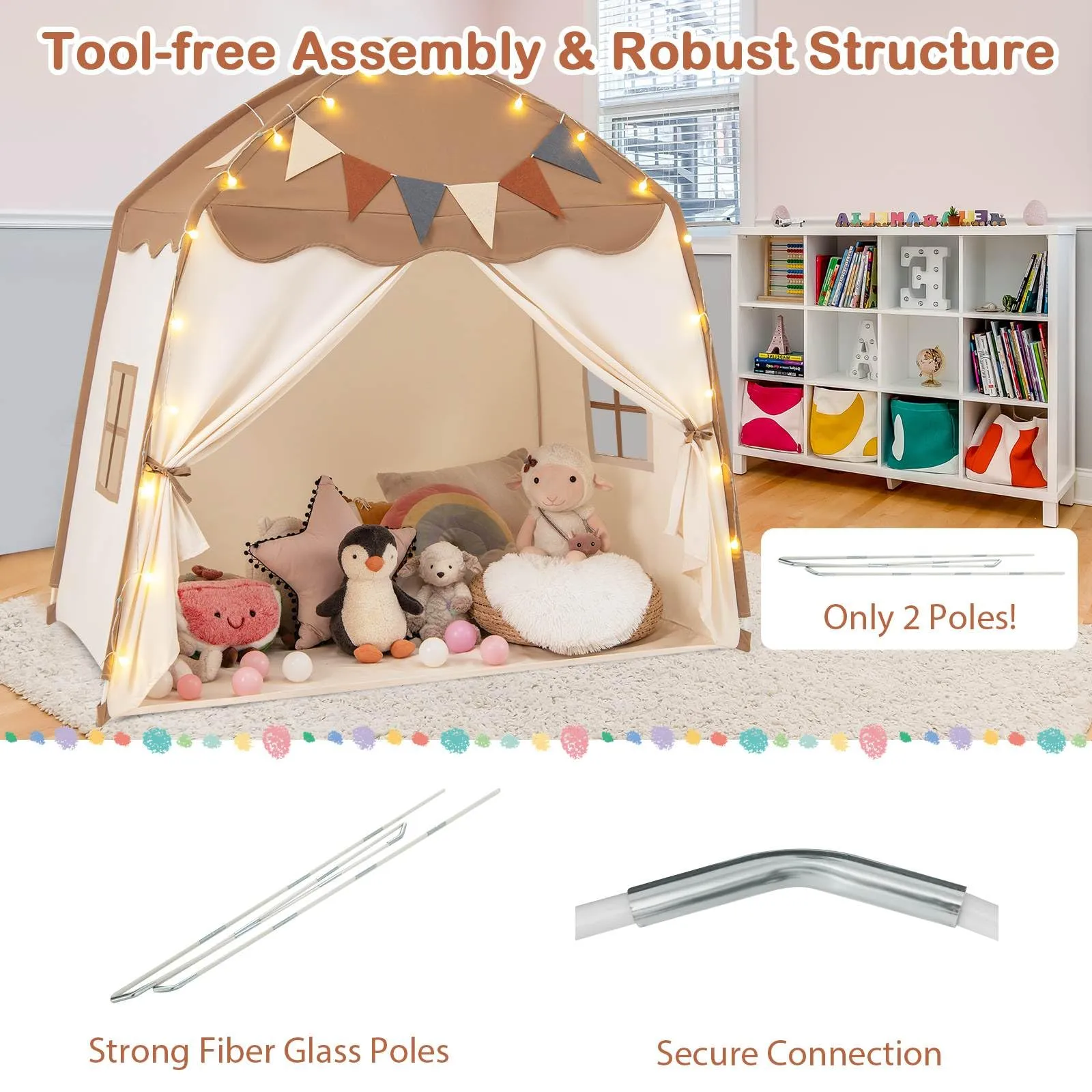 Large Kids Tent, Indoor Outdoor Dome Tent Playhouse w/Bright Lights, Flags, 2 Doors, 2 Windows, Machine Washable Teepee Tent for Toddlers