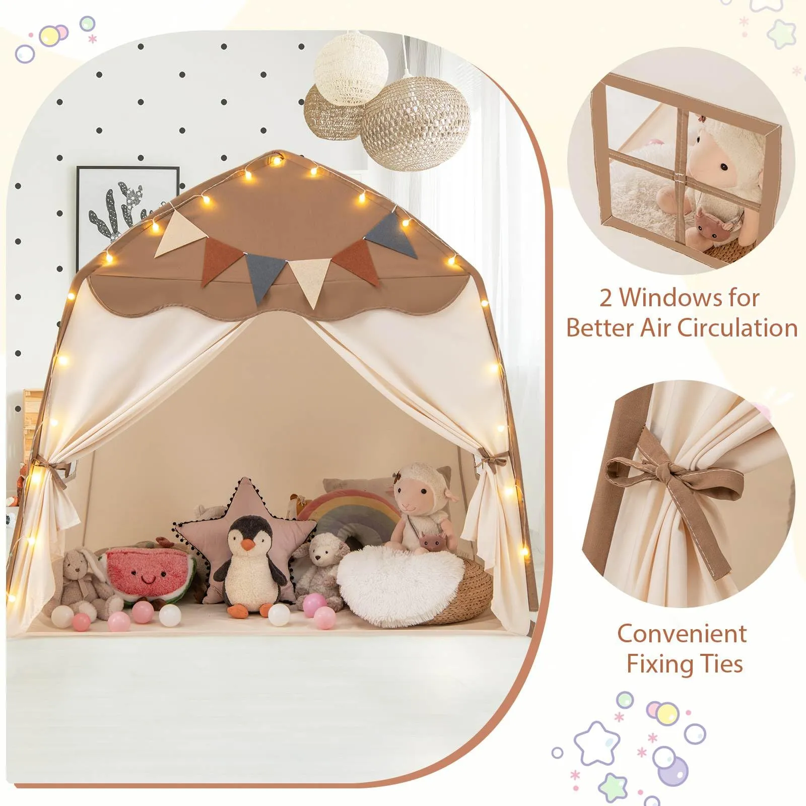 Large Kids Tent, Indoor Outdoor Dome Tent Playhouse w/Bright Lights, Flags, 2 Doors, 2 Windows, Machine Washable Teepee Tent for Toddlers
