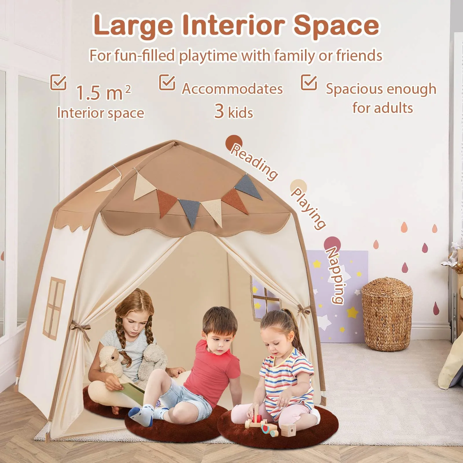 Large Kids Tent, Indoor Outdoor Dome Tent Playhouse w/Bright Lights, Flags, 2 Doors, 2 Windows, Machine Washable Teepee Tent for Toddlers