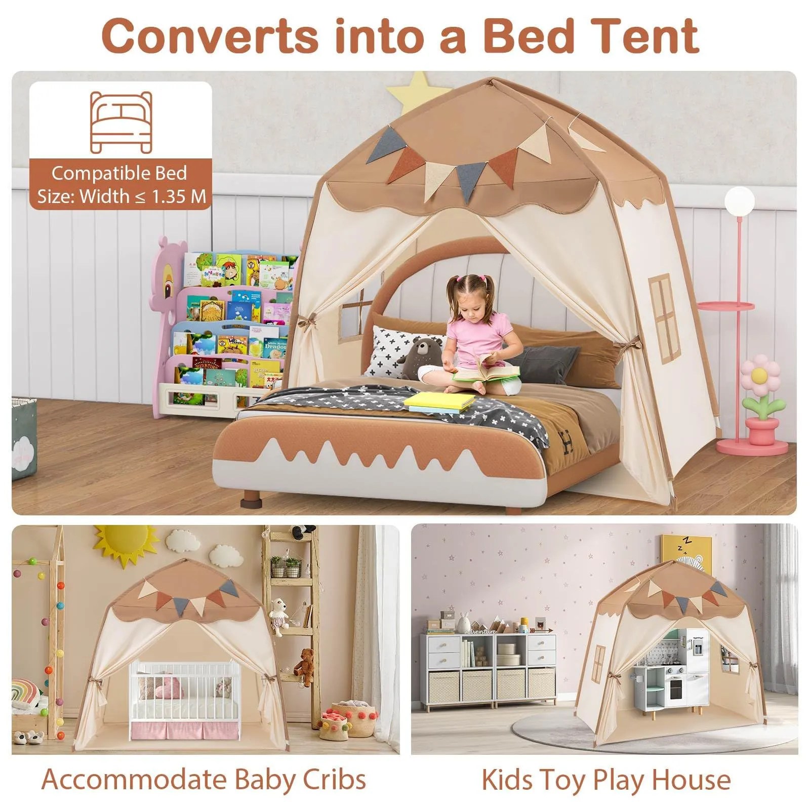 Large Kids Tent, Indoor Outdoor Dome Tent Playhouse w/Bright Lights, Flags, 2 Doors, 2 Windows, Machine Washable Teepee Tent for Toddlers