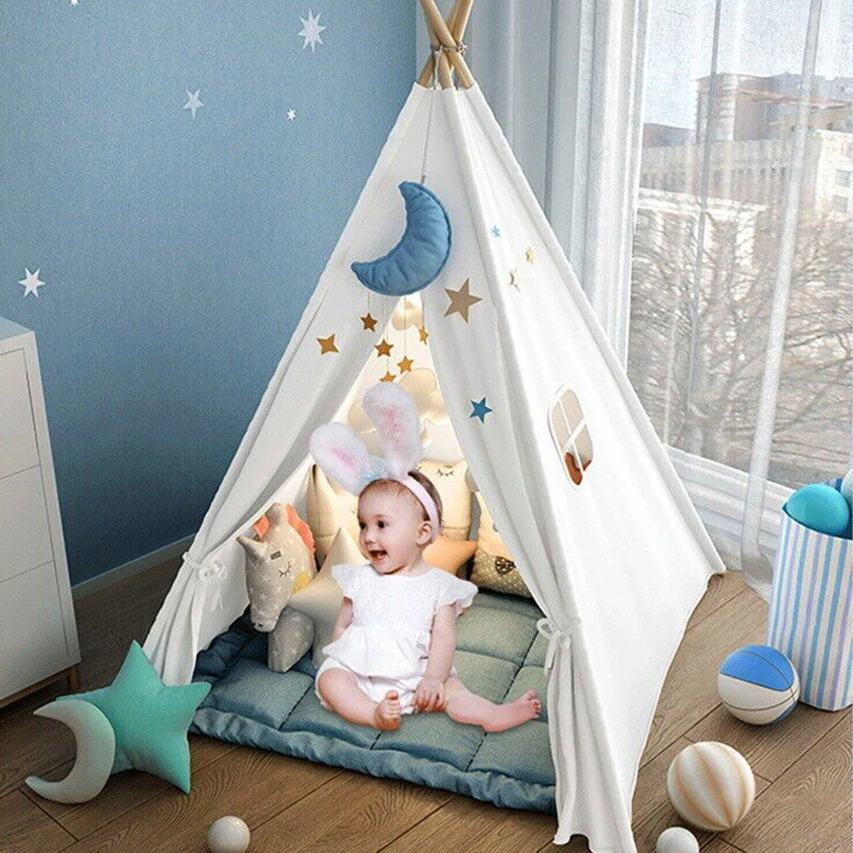 Large Teepee Tent Kids Cotton Canvas Pretend Play House Boy Girls Wigwam Gift