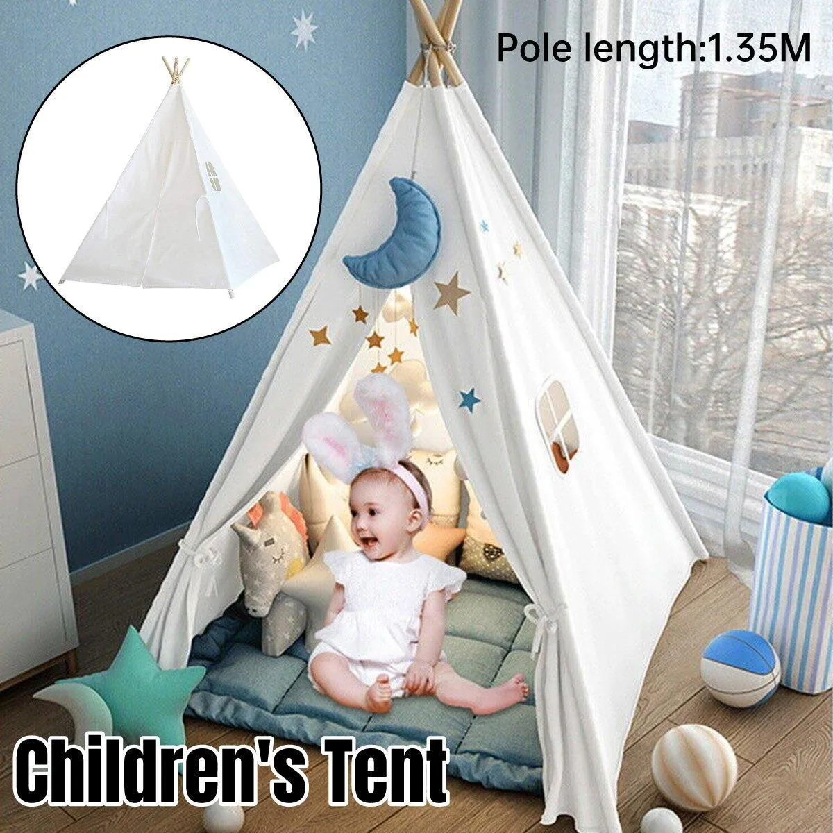 Large Teepee Tent Kids Cotton Canvas Pretend Play House Boy Girls Wigwam Gift