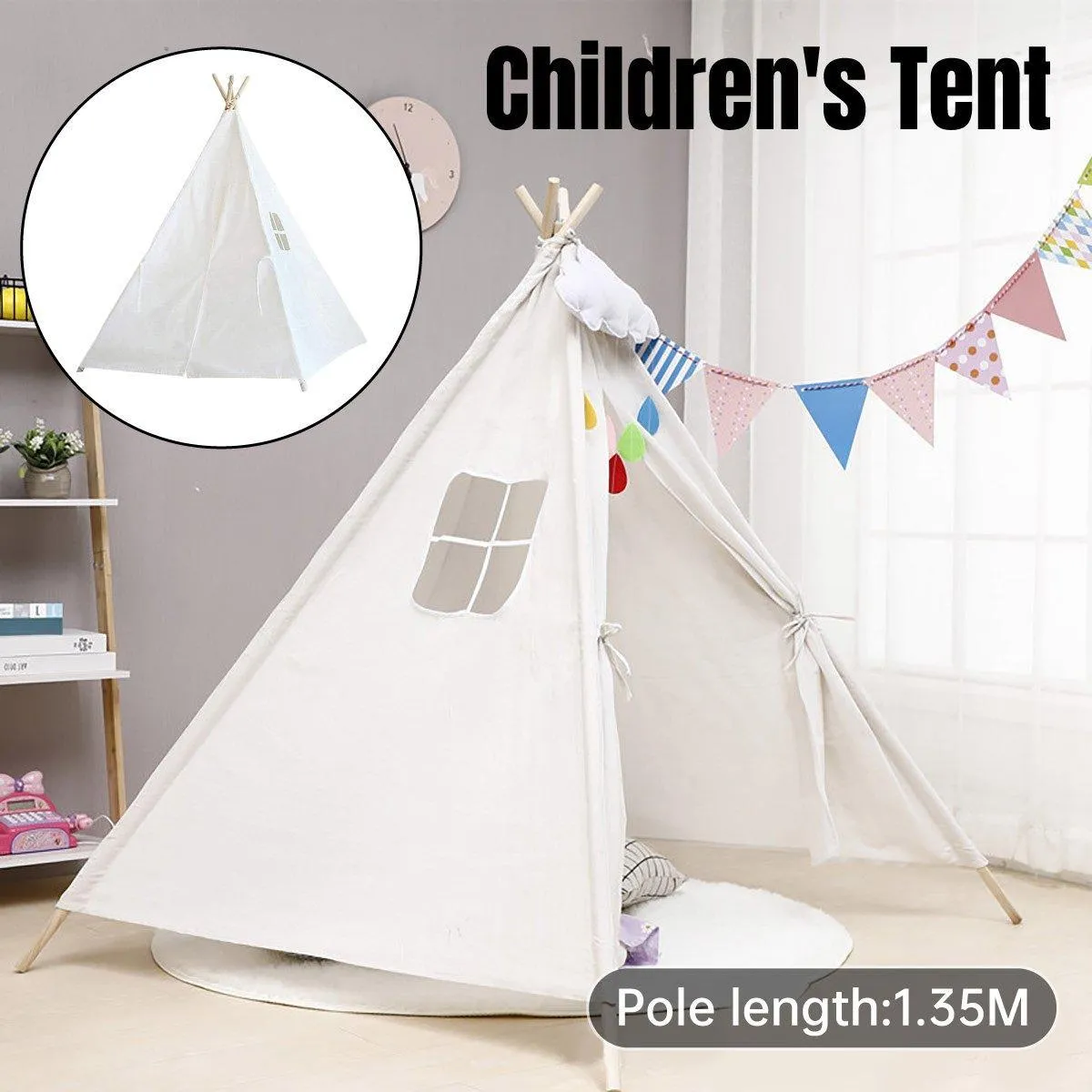 Large Teepee Tent Kids Cotton Canvas Pretend Play House Boy Girls Wigwam Gift