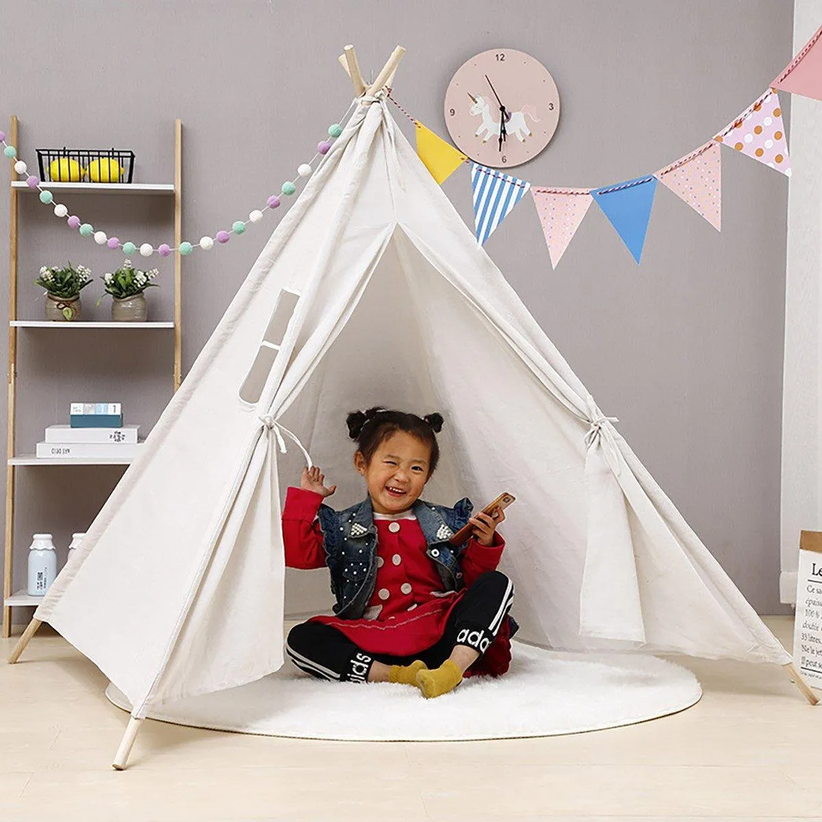 Large Teepee Tent Kids Cotton Canvas Pretend Play House Boy Girls Wigwam Gift