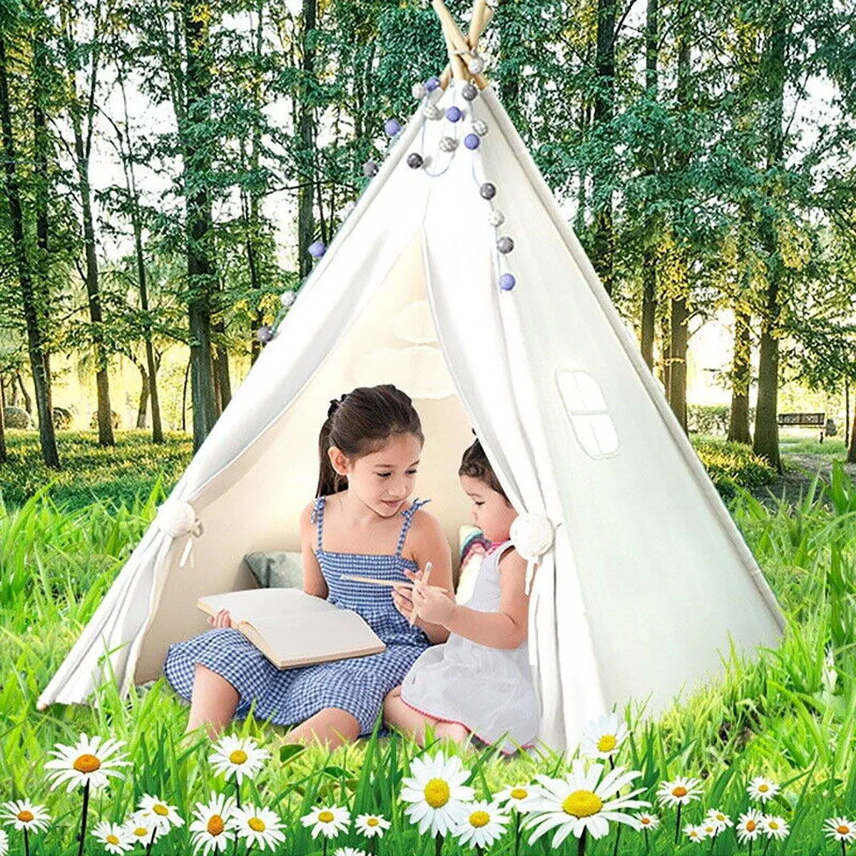 Large Teepee Tent Kids Cotton Canvas Pretend Play House Boy Girls Wigwam Gift