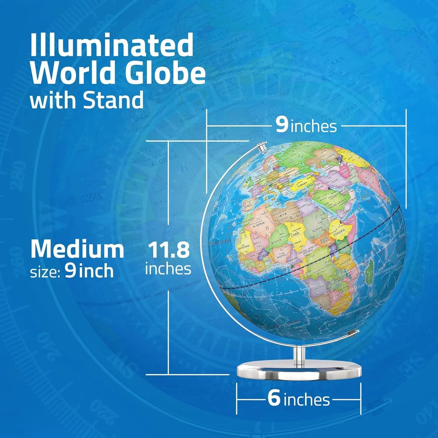 LED Illuminated World Globe with Chrome Rotating Stand – 3-in-1 Educational Tool for Kids & Adults, Interactive Learning Globe with Constellation Map, Lighted Display, 11 Inch