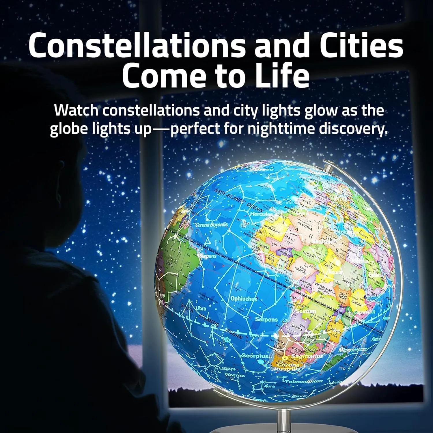LED Illuminated World Globe with Chrome Rotating Stand – 3-in-1 Educational Tool for Kids & Adults, Interactive Learning Globe with Constellation Map, Lighted Display, 11 Inch