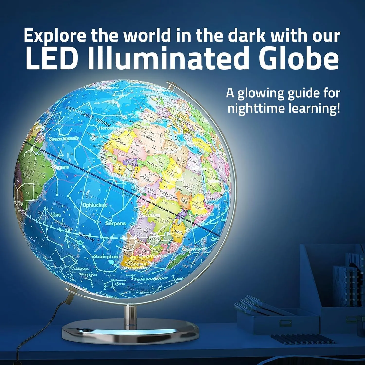 LED Illuminated World Globe with Chrome Rotating Stand – 3-in-1 Educational Tool for Kids & Adults, Interactive Learning Globe with Constellation Map, Lighted Display, 11 Inch