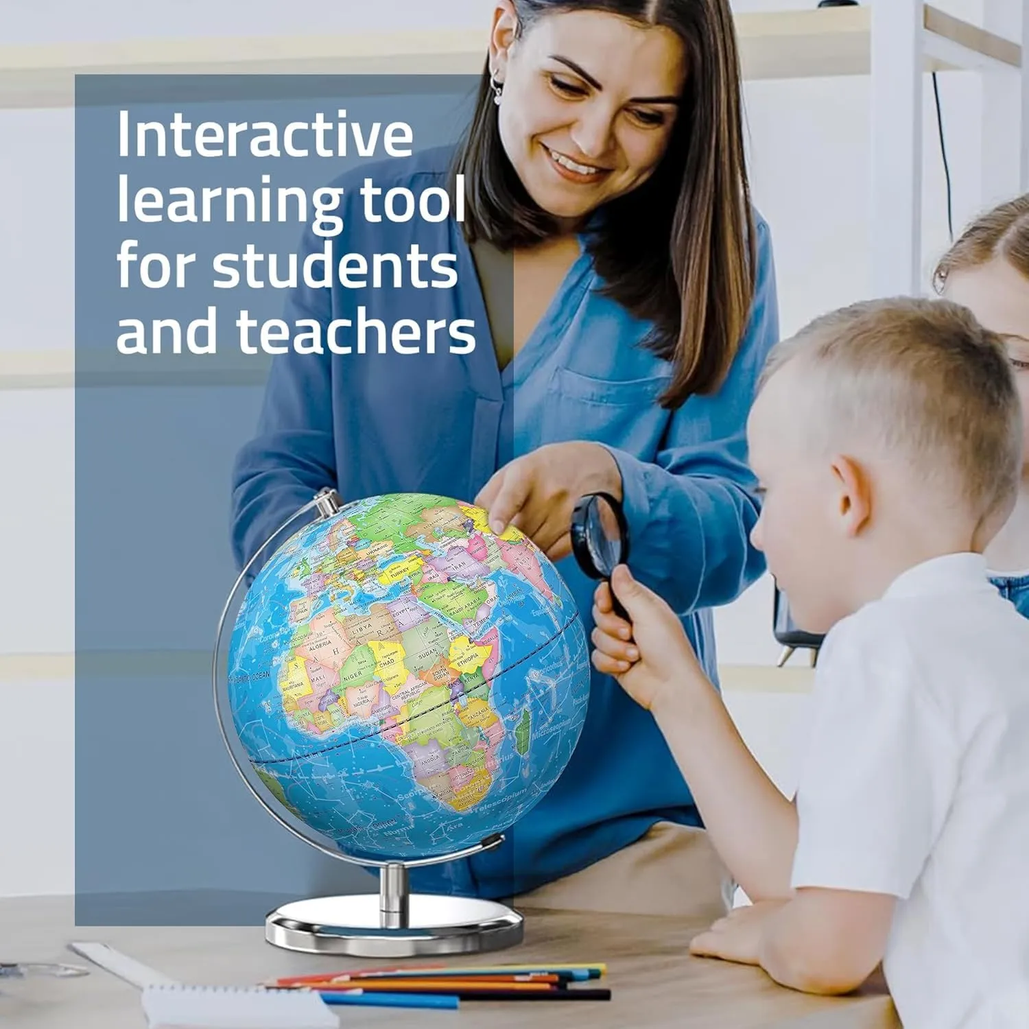 LED Illuminated World Globe with Chrome Rotating Stand – 3-in-1 Educational Tool for Kids & Adults, Interactive Learning Globe with Constellation Map, Lighted Display, 11 Inch