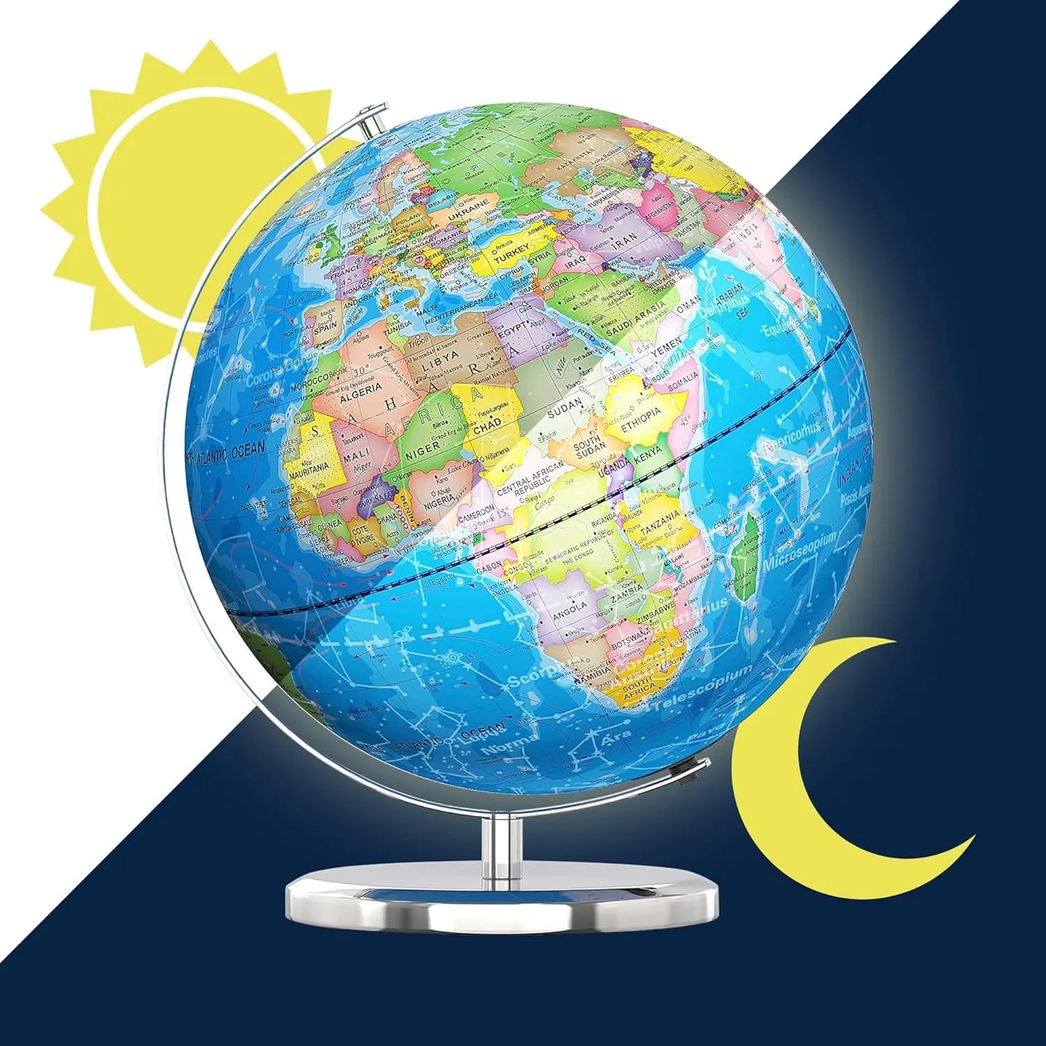 LED Illuminated World Globe with Chrome Rotating Stand – 3-in-1 Educational Tool for Kids & Adults, Interactive Learning Globe with Constellation Map, Lighted Display, 11 Inch
