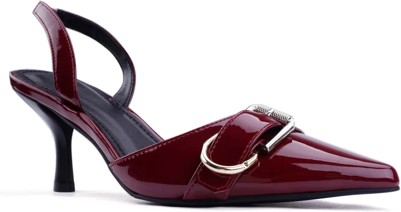 Leopard Kitten Heels Pointed Toe Slingback Heels for Women Closed Toe Pumps with Buckle