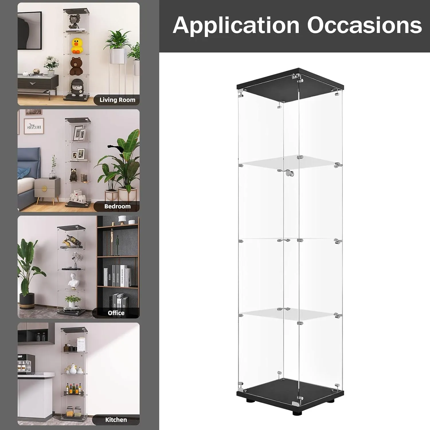 LFT HUIMEI2Y Glass Display Cabinet 4-Shelf with Door and Lock, Curio Cabinets Upgraded Quick-Install Style Tempered Glass Floor Standing Bookshelf for Bedroom, Living Room 65”x 17”x 14” Black