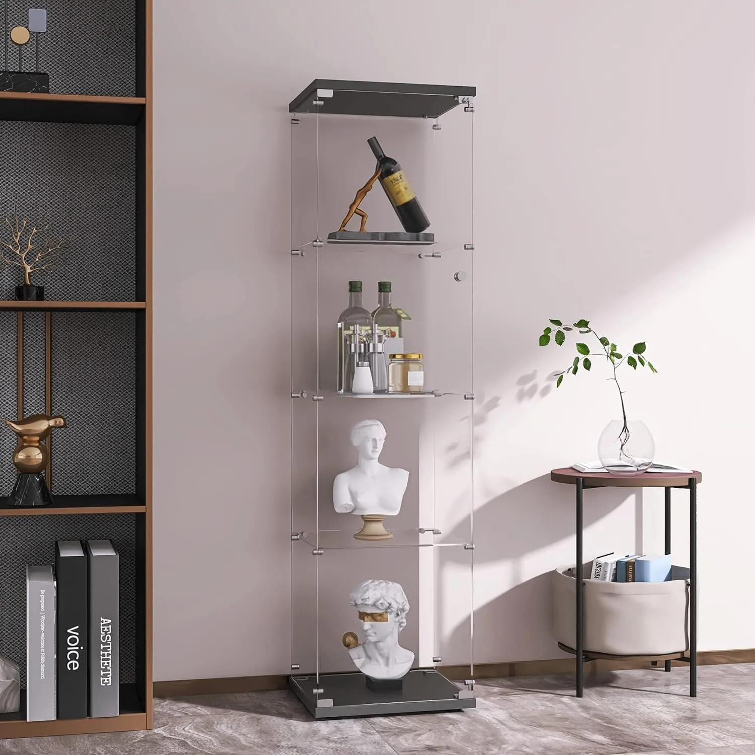LFT HUIMEI2Y Glass Display Cabinet 4-Shelf with Door and Lock, Curio Cabinets Upgraded Quick-Install Style Tempered Glass Floor Standing Bookshelf for Bedroom, Living Room 65”x 17”x 14” Black