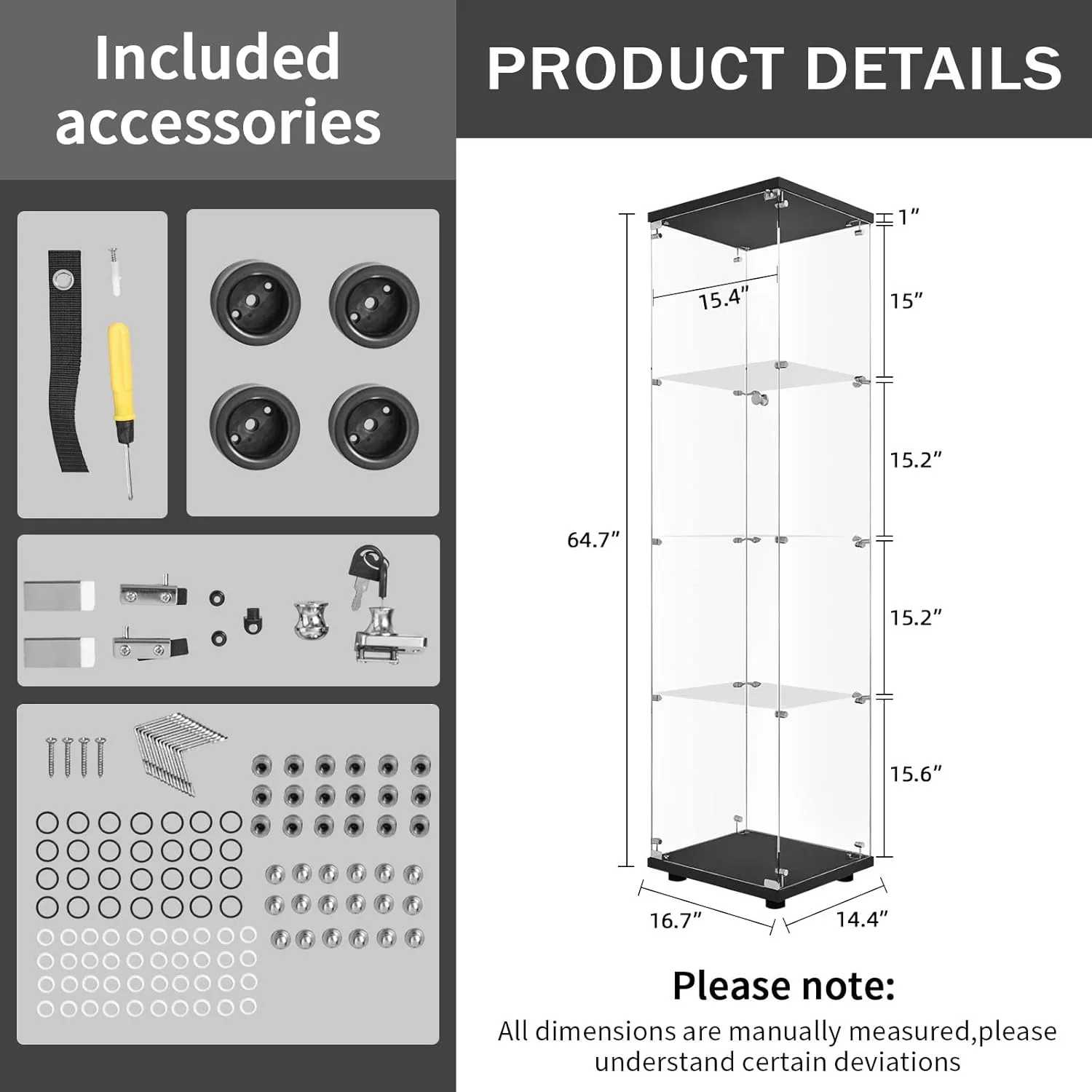 LFT HUIMEI2Y Glass Display Cabinet 4-Shelf with Door and Lock, Curio Cabinets Upgraded Quick-Install Style Tempered Glass Floor Standing Bookshelf for Bedroom, Living Room 65”x 17”x 14” Black