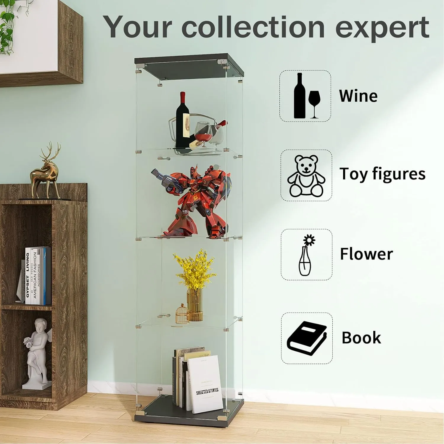 LFT HUIMEI2Y Glass Display Cabinet 4-Shelf with Door and Lock, Curio Cabinets Upgraded Quick-Install Style Tempered Glass Floor Standing Bookshelf for Bedroom, Living Room 65”x 17”x 14” Black