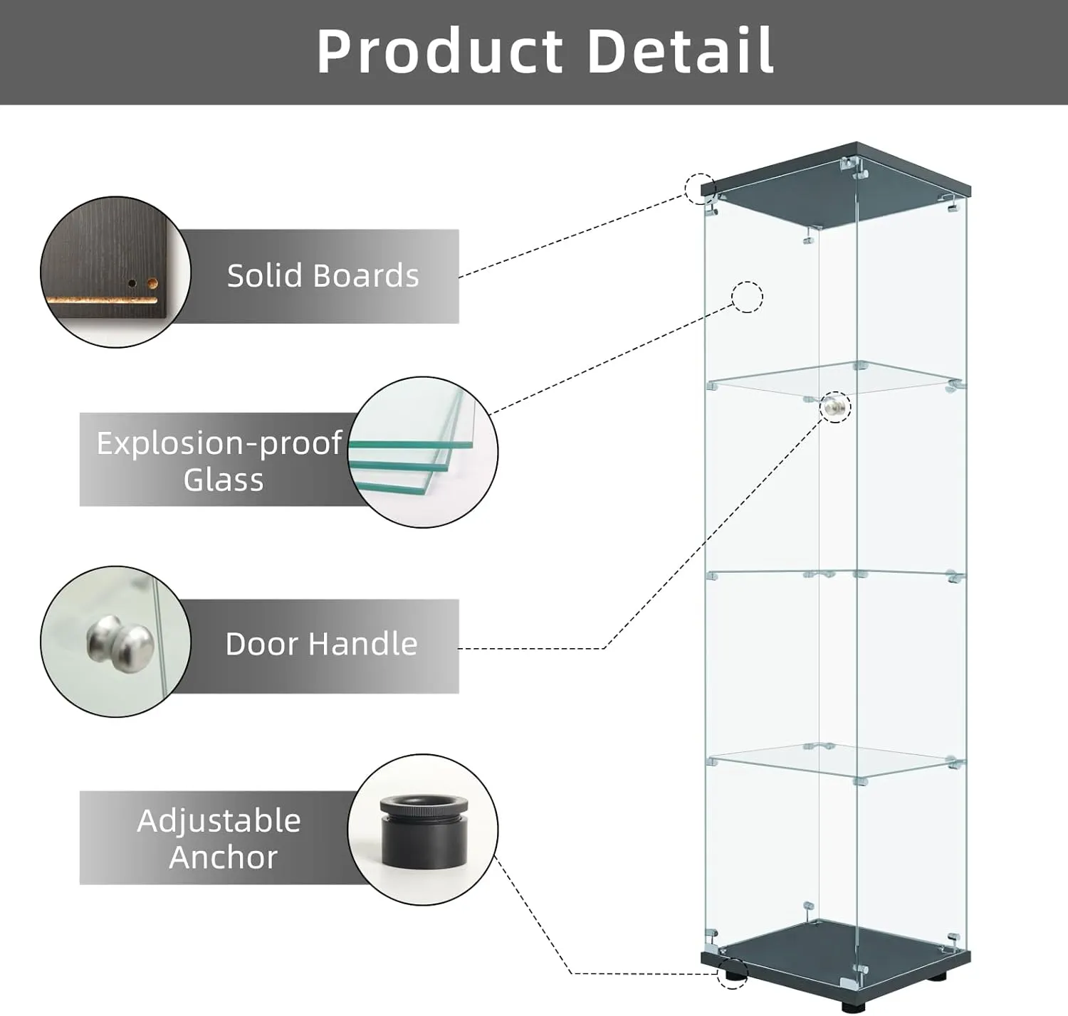 LFT HUIMEI2Y Glass Display Cabinet 4-Shelf with Door and Lock, Curio Cabinets Upgraded Quick-Install Style Tempered Glass Floor Standing Bookshelf for Bedroom, Living Room 65”x 17”x 14” Black