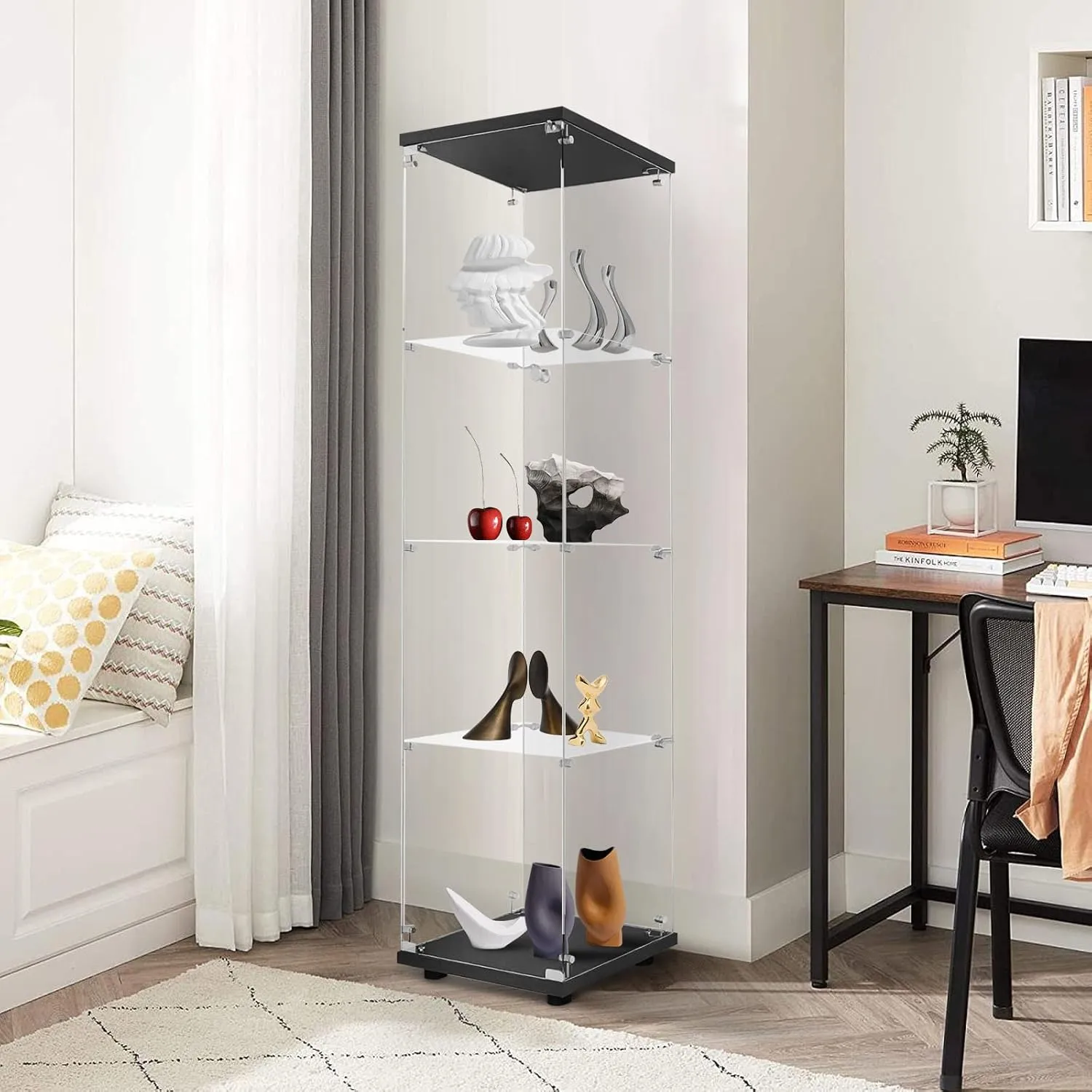 LFT HUIMEI2Y Glass Display Cabinet 4-Shelf with Door and Lock, Curio Cabinets Upgraded Quick-Install Style Tempered Glass Floor Standing Bookshelf for Bedroom, Living Room 65”x 17”x 14” Black