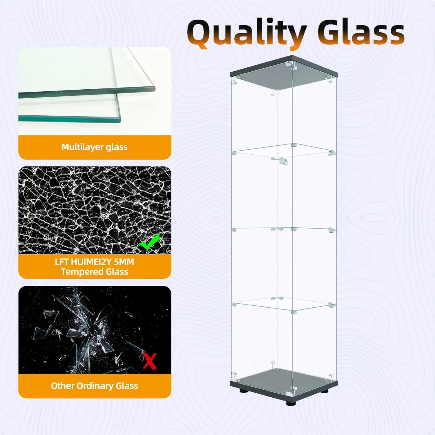 LFT HUIMEI2Y Glass Display Cabinet 4-Shelf with Door and Lock, Curio Cabinets Upgraded Quick-Install Style Tempered Glass Floor Standing Bookshelf for Bedroom, Living Room 65”x 17”x 14” Black