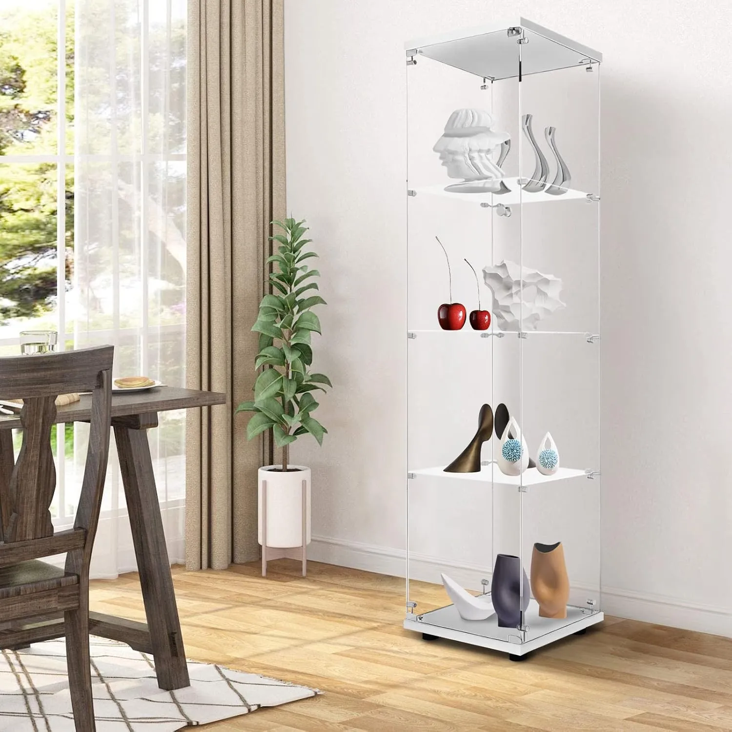LFT HUIMEI2Y Glass Display Cabinet 4-Shelf with Door and Lock, Curio Cabinets Upgraded Quick-Install Style Tempered Glass Floor Standing Bookshelf for Bedroom, Living Room 65”x 17”x 14” White