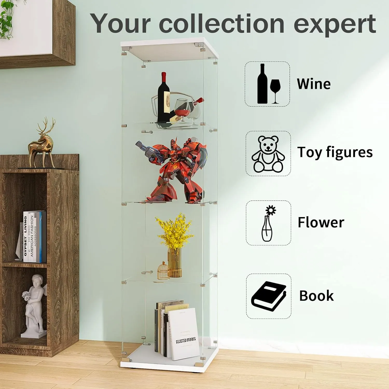 LFT HUIMEI2Y Glass Display Cabinet 4-Shelf with Door and Lock, Curio Cabinets Upgraded Quick-Install Style Tempered Glass Floor Standing Bookshelf for Bedroom, Living Room 65”x 17”x 14” White