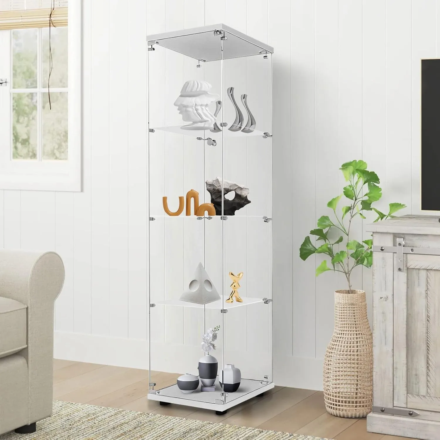 LFT HUIMEI2Y Glass Display Cabinet 4-Shelf with Door and Lock, Curio Cabinets Upgraded Quick-Install Style Tempered Glass Floor Standing Bookshelf for Bedroom, Living Room 65”x 17”x 14” White