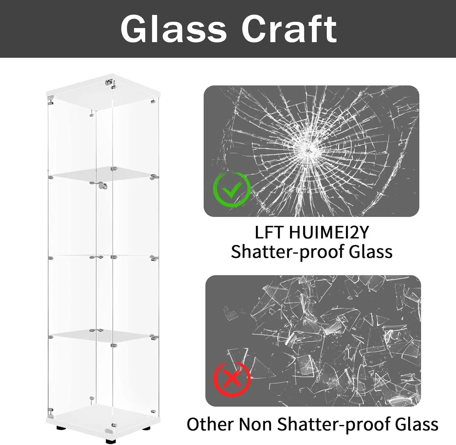 LFT HUIMEI2Y Glass Display Cabinet 4-Shelf with Door and Lock, Curio Cabinets Upgraded Quick-Install Style Tempered Glass Floor Standing Bookshelf for Bedroom, Living Room 65”x 17”x 14” White