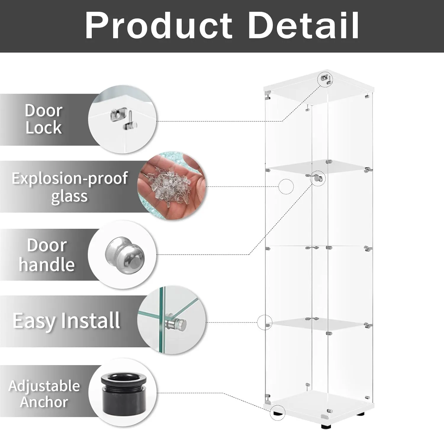 LFT HUIMEI2Y Glass Display Cabinet 4-Shelf with Door and Lock, Curio Cabinets Upgraded Quick-Install Style Tempered Glass Floor Standing Bookshelf for Bedroom, Living Room 65”x 17”x 14” White